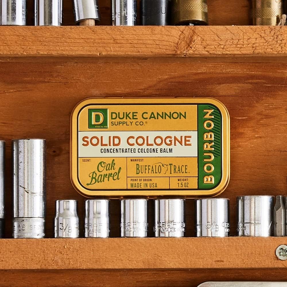 Duke Cannon Solid Cologne for Men, Bourbon Scent, Concentrated Balm, 1.5 oz | Woodsy charred oak barrel aroma inspired by classic bourbon craftsmanship
