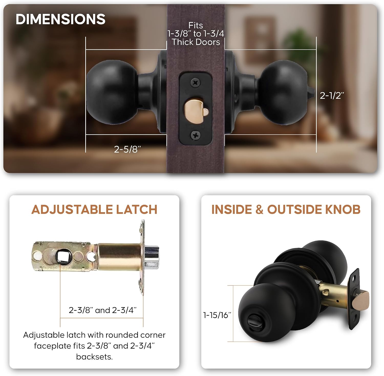 Copper Creek Privacy Interior Door Knob – ANSI Grade-3 Certified, Modern Heavy Duty Handle, Easy Install and Reversible for Bedroom, Bathroom & Closets – Satin Stainless (1 Pack)