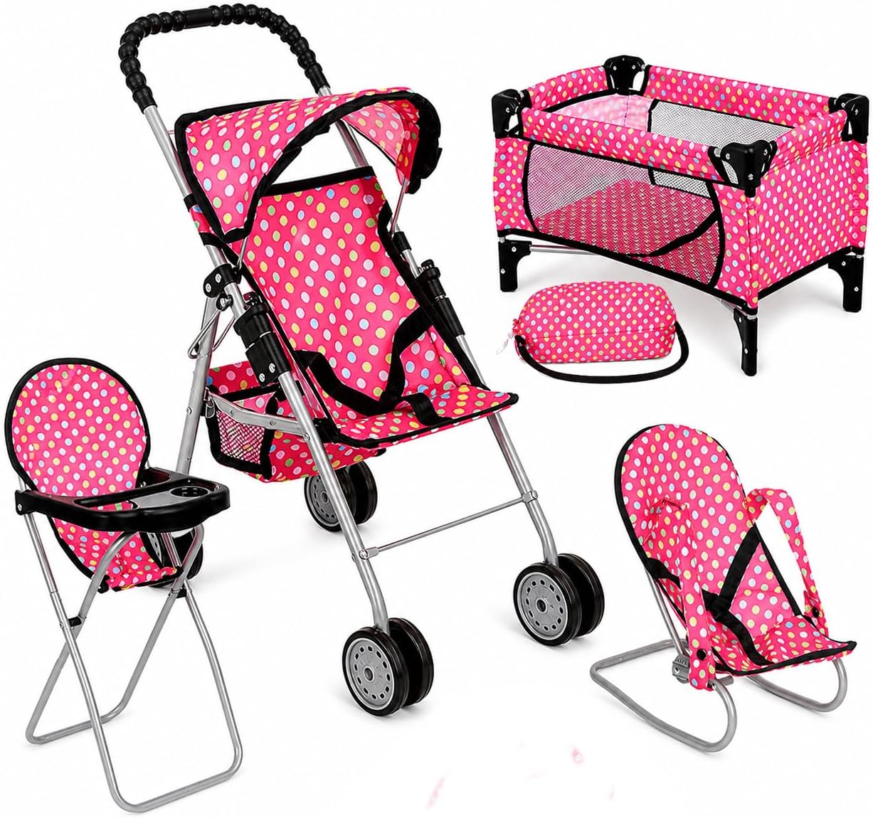 fash n kolor 4 Piece Baby Doll Play Set Flower Design Includes - Foldable Pack N Play, Baby Doll Stroller, Baby Doll High Chair, Infant Seat, Fits Up to 18'' Doll 4 Piece Doll Accessories Set