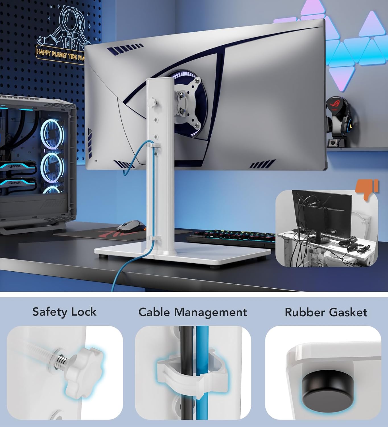 Single LCD Computer Monitor Free-Standing Desk Stand Mount Riser for 13 inch to 32 inch screen with Swivel, Height Adjustable, Rotation, Vesa Base Stand Holds One (1) Screen up to 77Lbs(HT05B-001))
