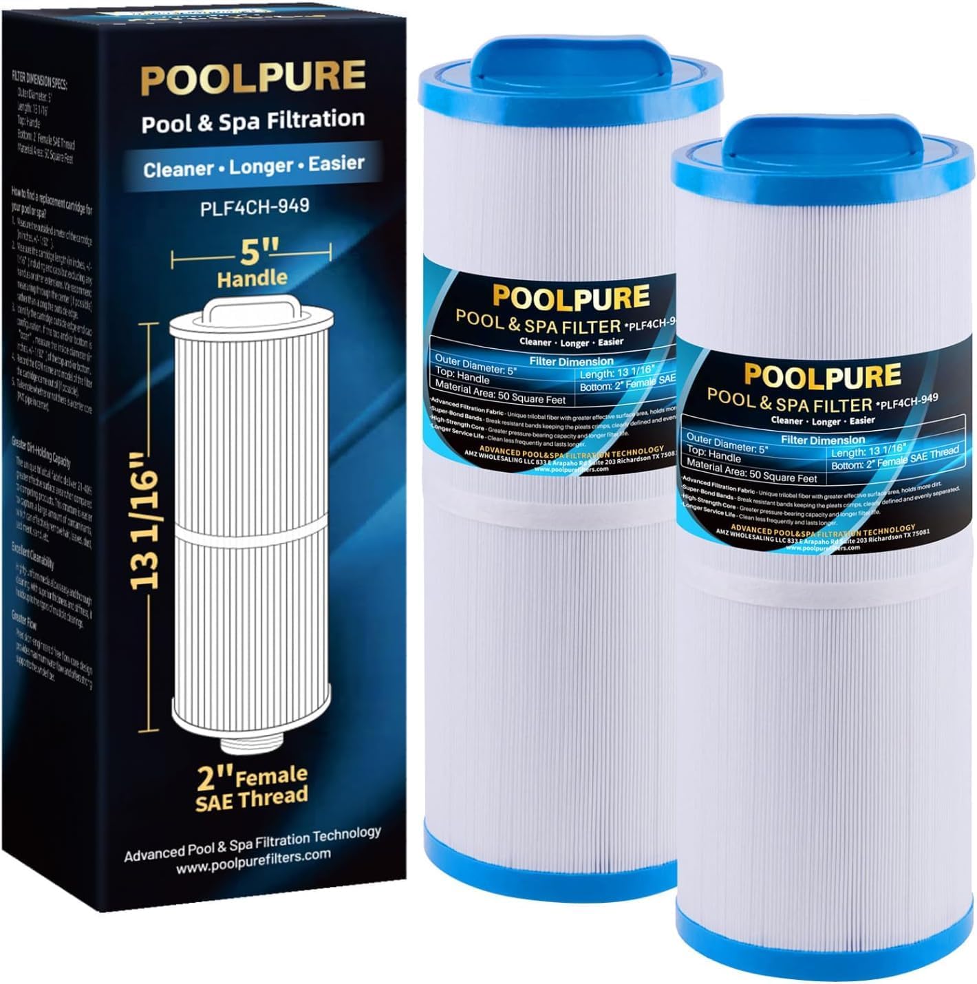 POOLPURE 4CH-949 SPA Filter Replaces Pleatco PWW50L 1PACK