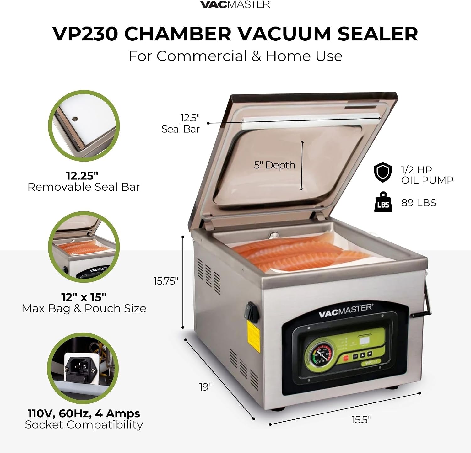 VacMaster VP230 Chamber Vacuum Sealer – Commercial Vacuum Sealer Machine for Food with 1/2 HP Oil Pump, 12.25” Seal Bar for 12” x 15” Bags