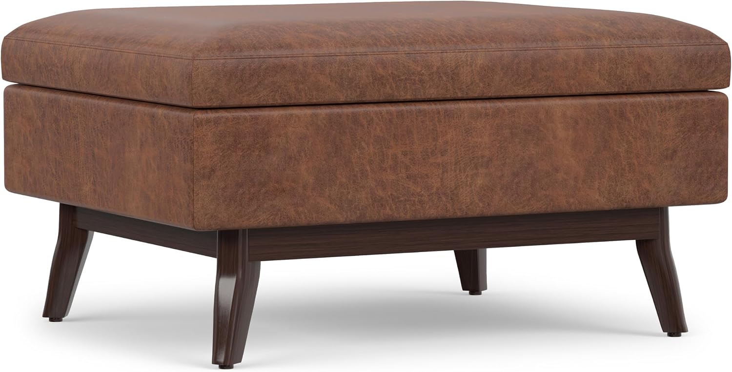 SIMPLIHOME Owen 34" Wide Vegan Leather Lift Top Ottoman in Dark Blue