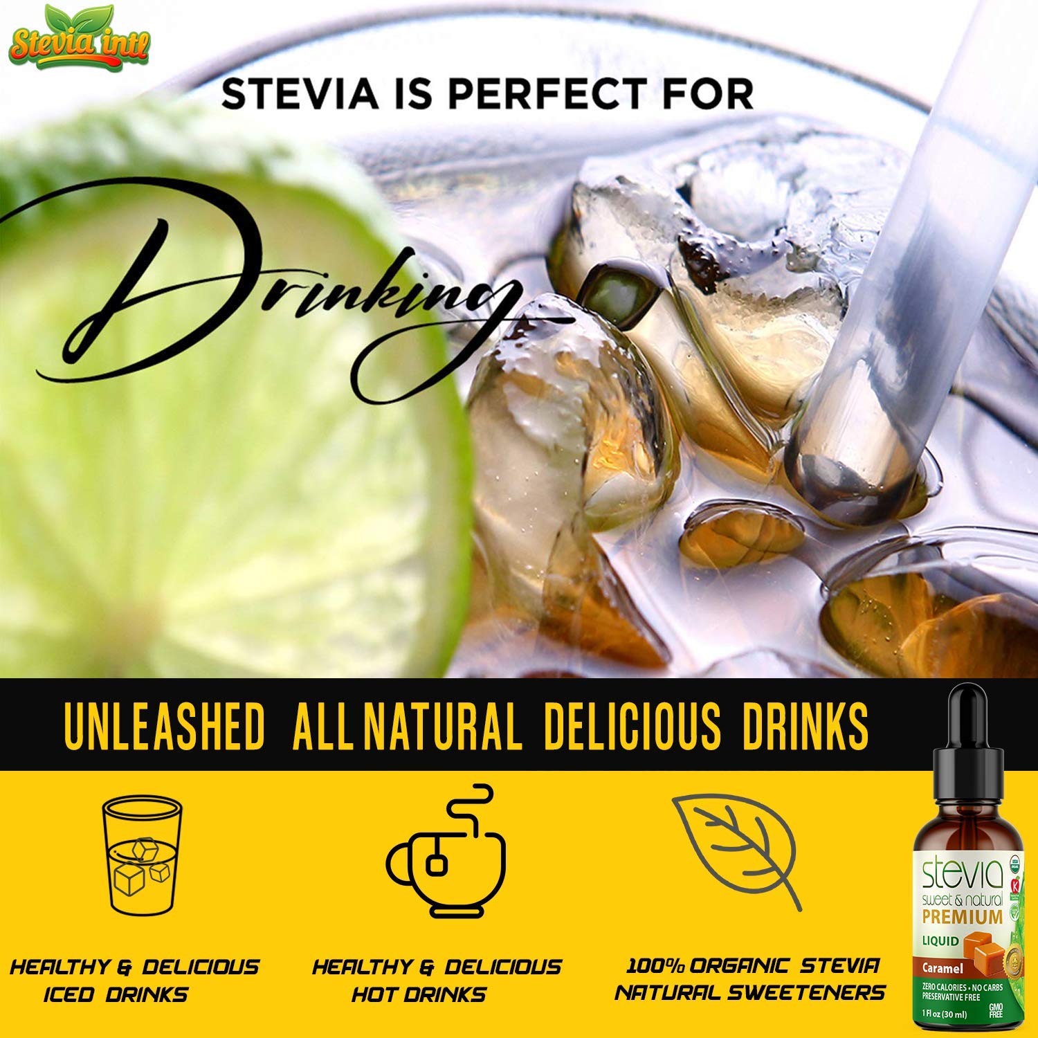 Caramel Premium Quality Stevia Drops. Organic Liquid Stevia, Sugar Substitute, Naturally Sweet, Non-Bitter, 0 Calorie, 0 Carb, NON-GMO