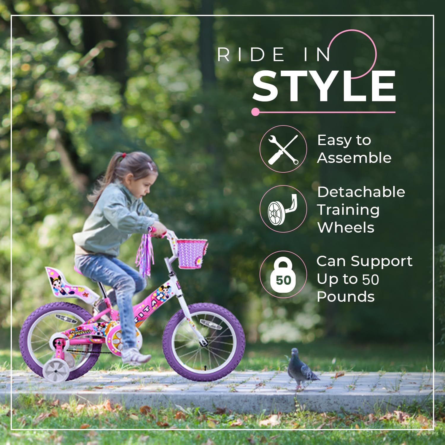 Titan Girls BMX Bike for Kids Ages 4-7, 16-Inch Wheels, 9-Inch Frame, Training Wheels, Toy Seat, Doll Basket, Streamers, First Bike, Princess Bicycle, Gift for Girls