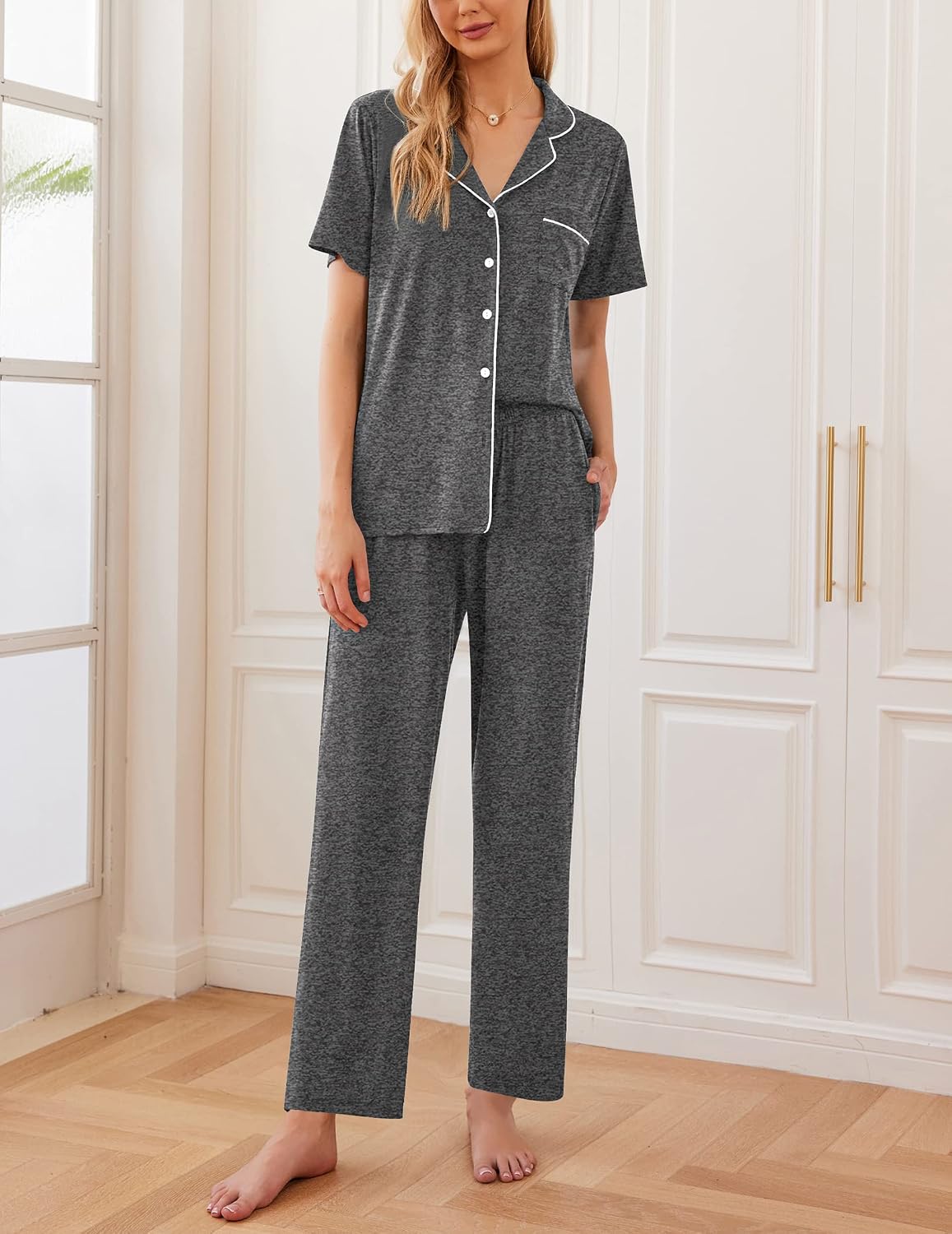 Ekouaer Womens Pajamas Set Short Sleeve Button Down Top & Pants Lounge Pjs