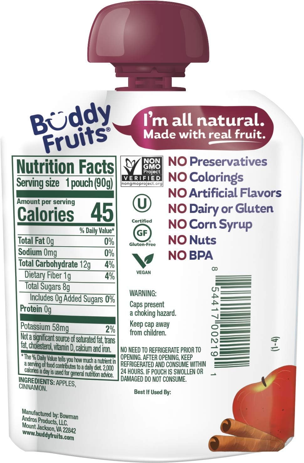 Buddy Fruits Snacks To Go Multifruit Unsweetened Applesauce 3.2oz Pouch (18pk) Gluten-Nut-Dairy-Preservatives-BPA Free, Non GMO, Kosher