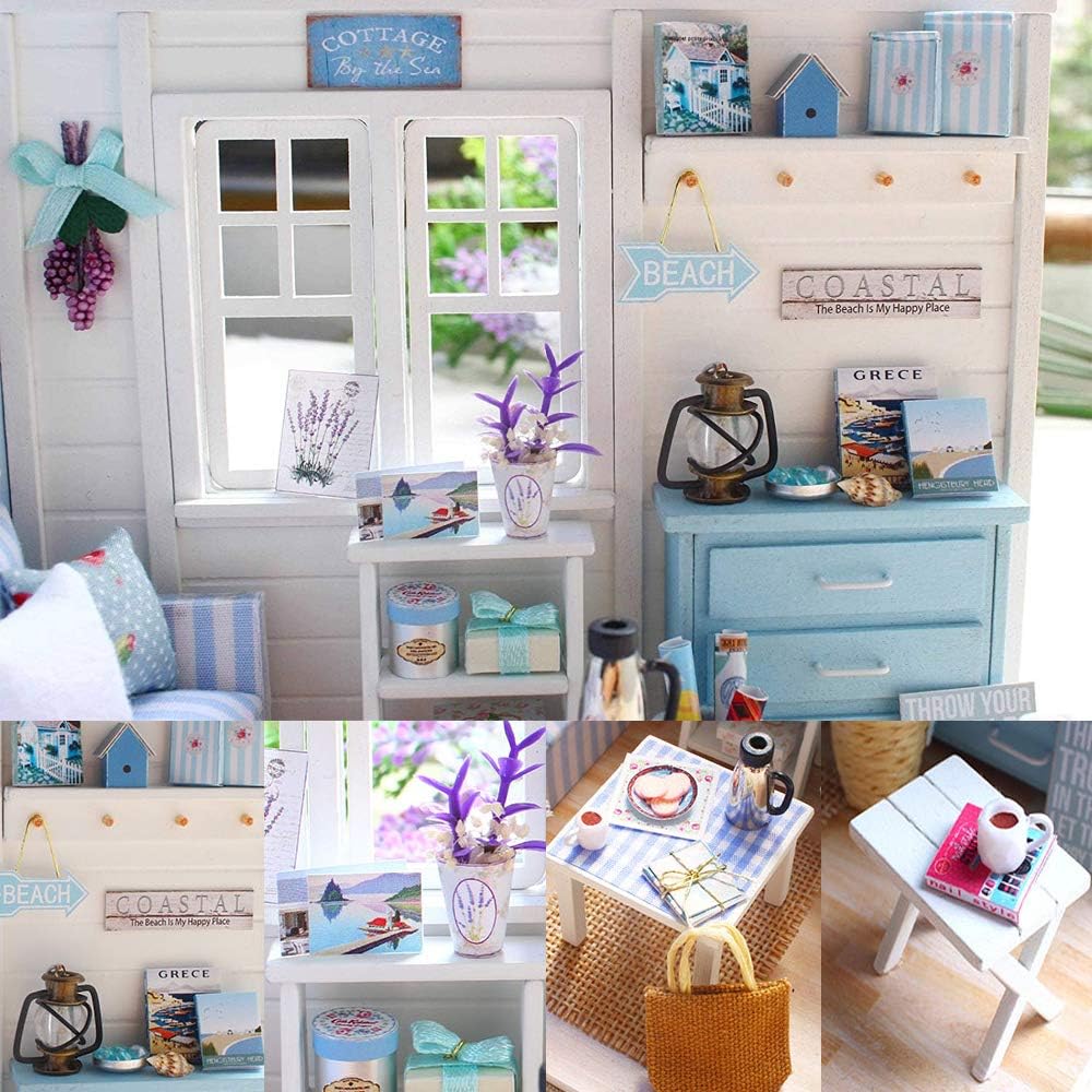 DIY Miniature Dollhouse Kit with Furniture Plus Dust Proof | 1:24 Scale Creative Room Mini Wooden Doll House Accessories for Kids Teens Adults Aged 14+(Beach Cottage)