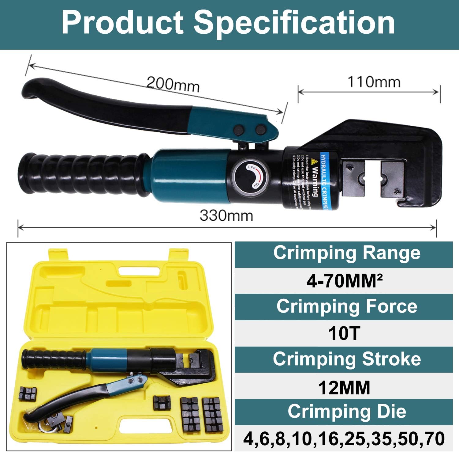 BLIKA 10 Ton Hydraulic Crimping Tool and Cable Cutter, Hydraulic Wire Battery Cable Lug Terminal Crimper Crimping Tool with 11 Dies