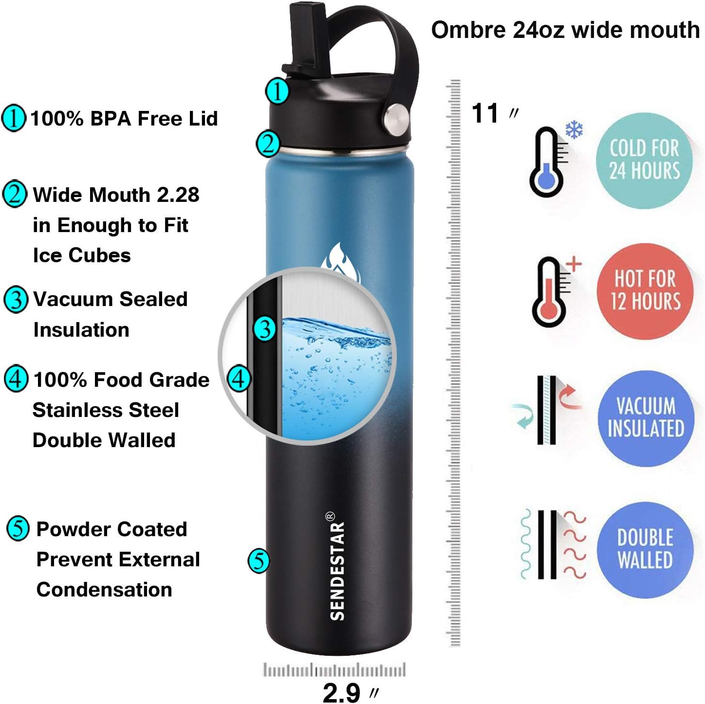 SENDESTAR Insulated Water Bottle 24 oz