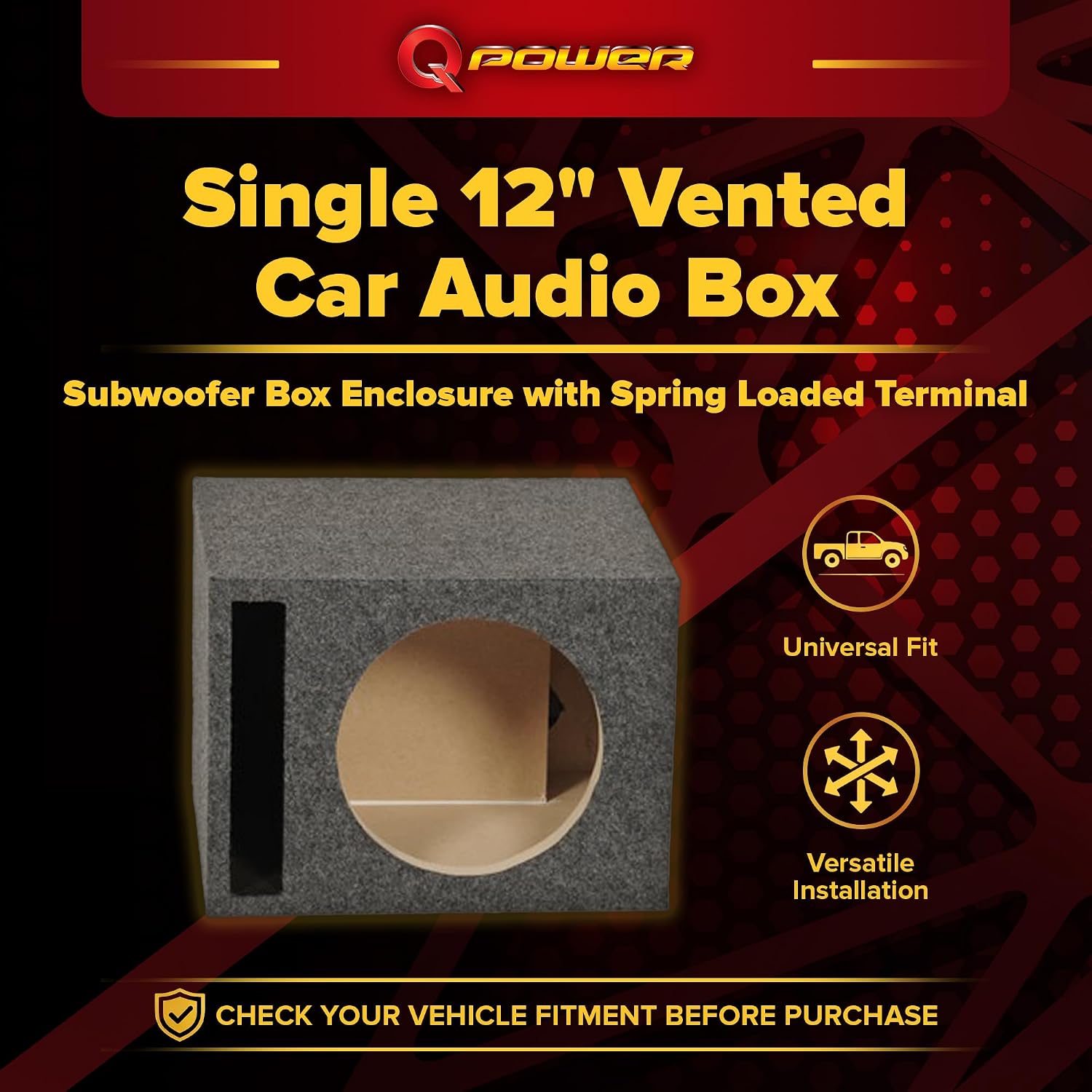 QPower HD112VL Single 12 Inch SPL XL Heavy Duty Side Ported Subwoofer Box Enclosure with Durable Carpet Covering for Car Audio Systems