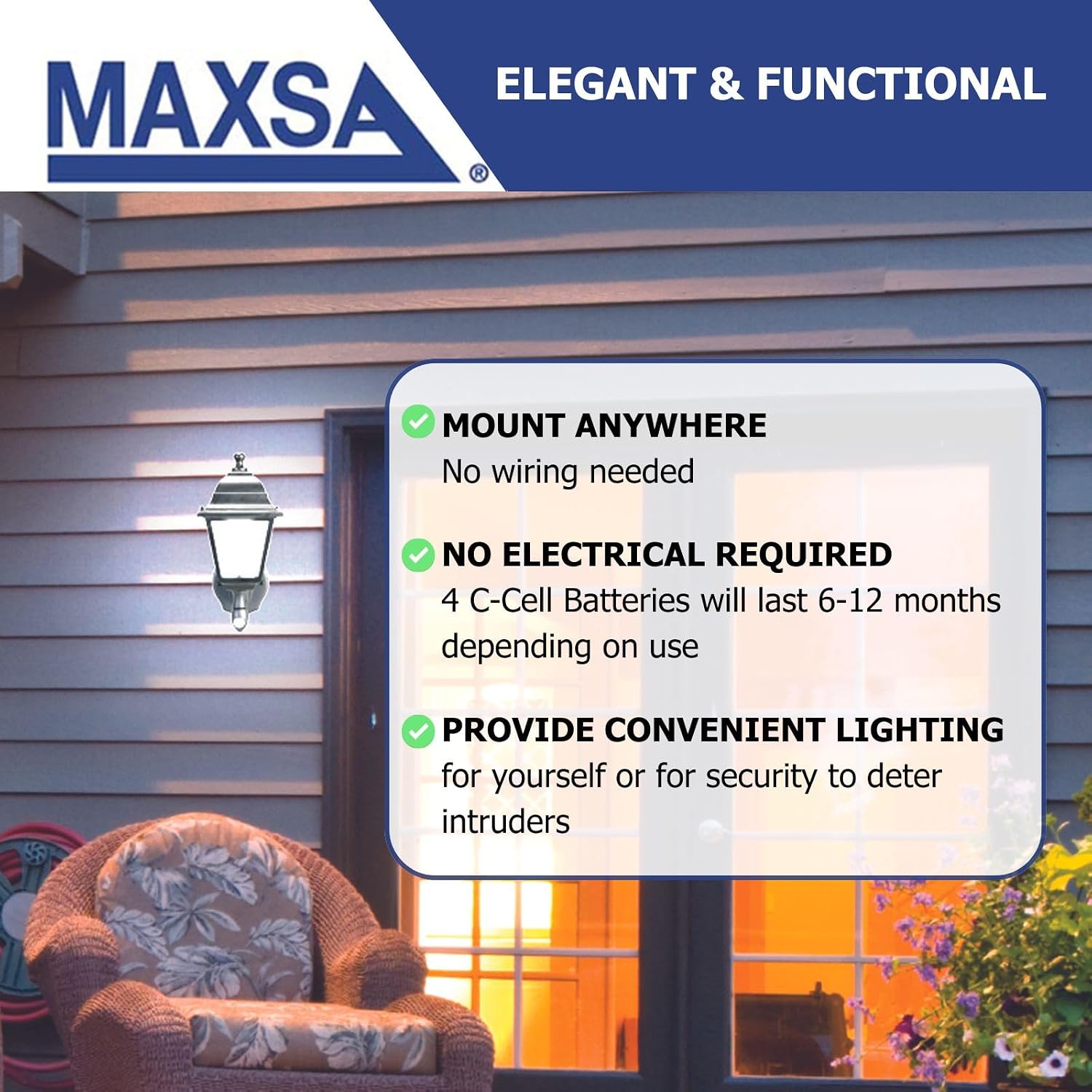 Maxsa 44219 Premium Wireless Battery-Powered Motion-Activated Decorative Outdoor Wall Sconce Lighting Fixture, Cool White LED, Metal Housing, Black