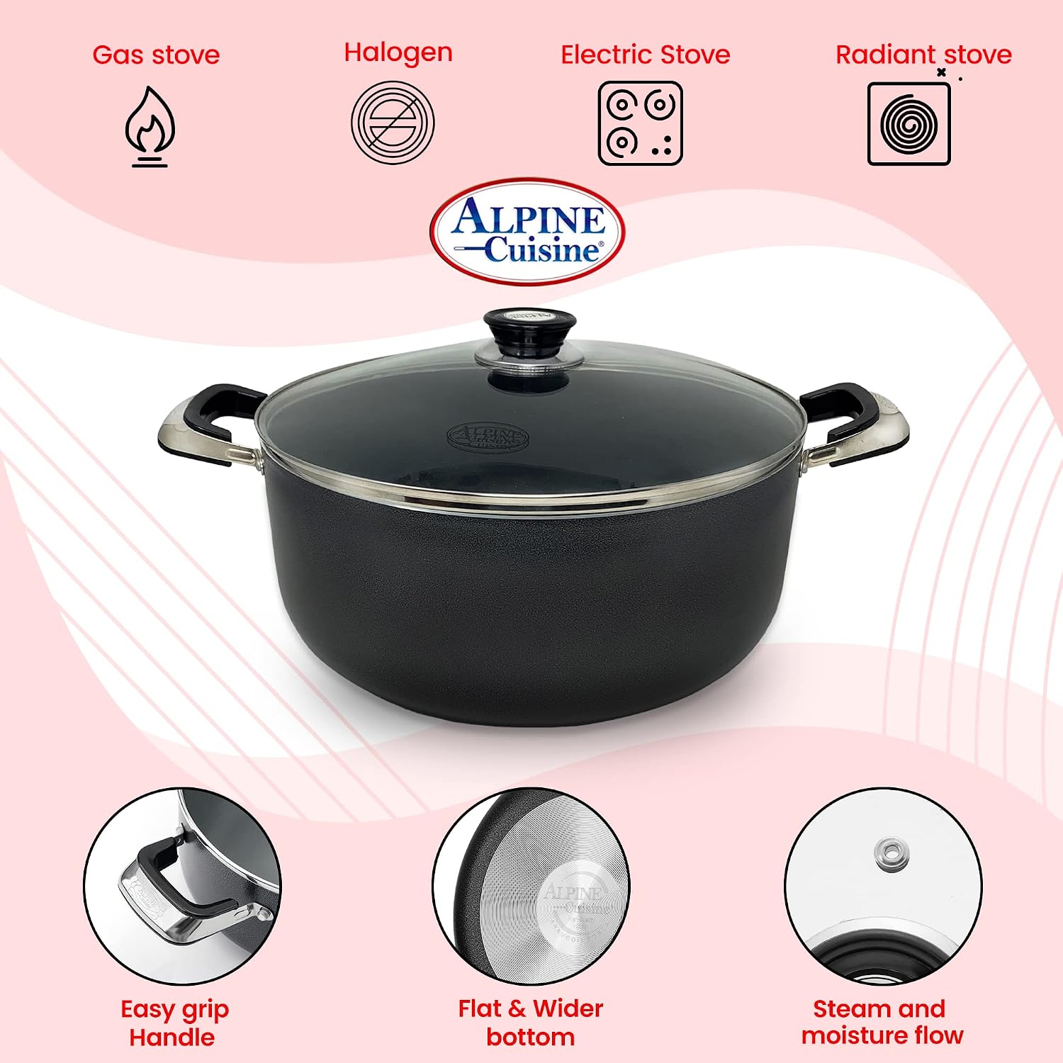 Alpine Cuisine 4 Quart Non-stick Stock Pot with Tempered Glass Lid and Carrying Handles, Multi-Purpose Cookware Aluminum Dutch Oven for Braising, Boiling, Stewing