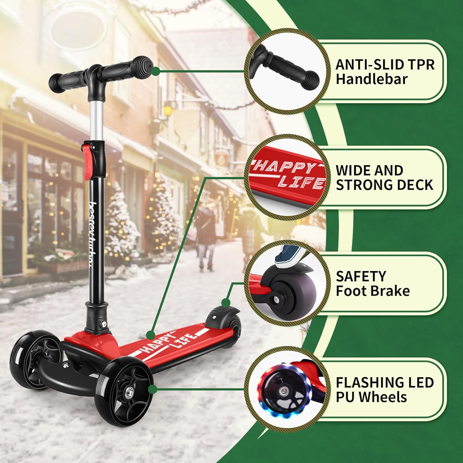 besrey 3 Wheel Scooter for Kids Ages 3-10 with 4 Adjustable Height