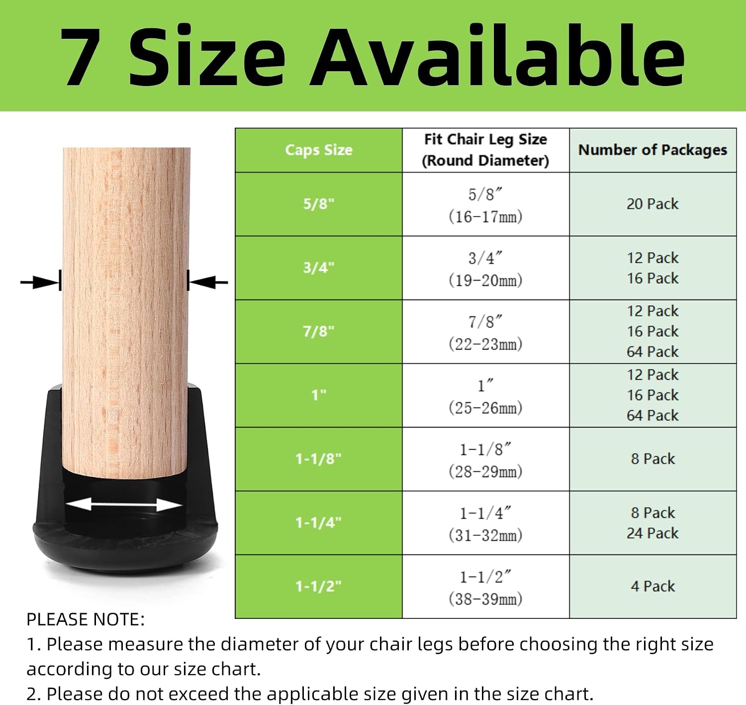 Furnigear Chair Leg Tips Caps Non-Slip Rubber Leg Tips 1-1/2” Inner Diameter Chair Leg Floor Protectors Round Black 4 Pack (Fit Round Diameter