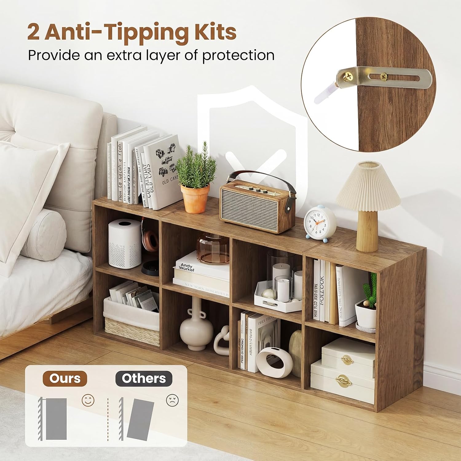 Giantex 8-Cube Bookcase, 3-Tier Cubby Bookshelf, Horizontal Vertical Display Rack with Anti-Tipping Kits, Modern Storage Organizer Shelf Unit for Bedroom, Living Room, Study (Natural, 8-Cube)