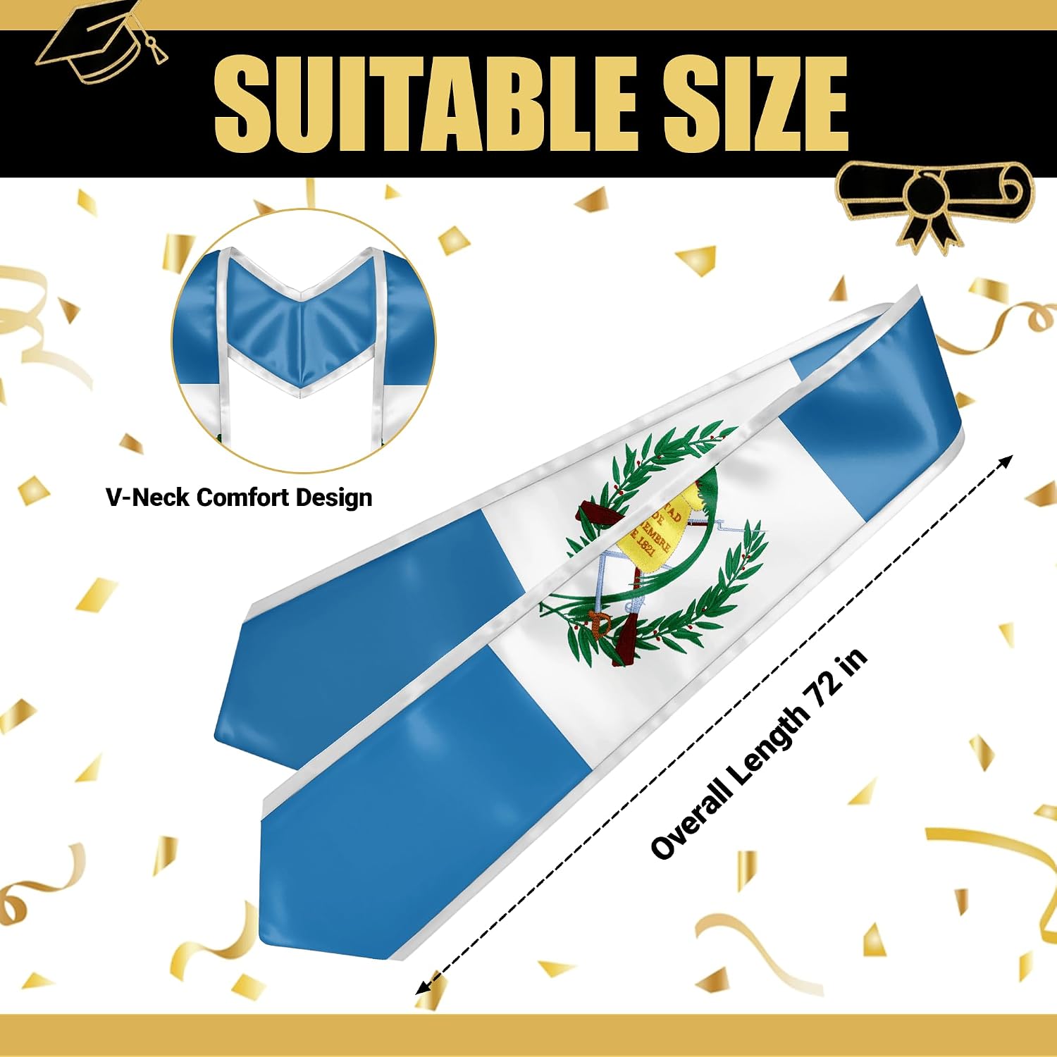 YOXEULL National Flag Embroidered Graduation Stole with Trim, Graduation Sash Graduates Gift, 72"