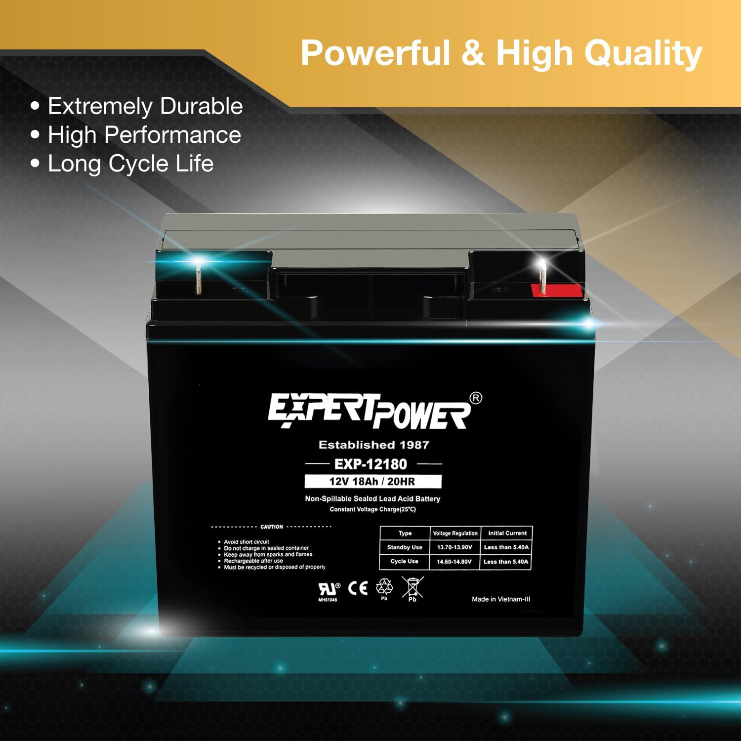 ExpertPower EXP12180-12V 18Ah / 20HR AGM Sealed Lead Acid 12V Battery for UPS Replacement, Rechargeable Small 12 Volt Batteries for Alarm Systems