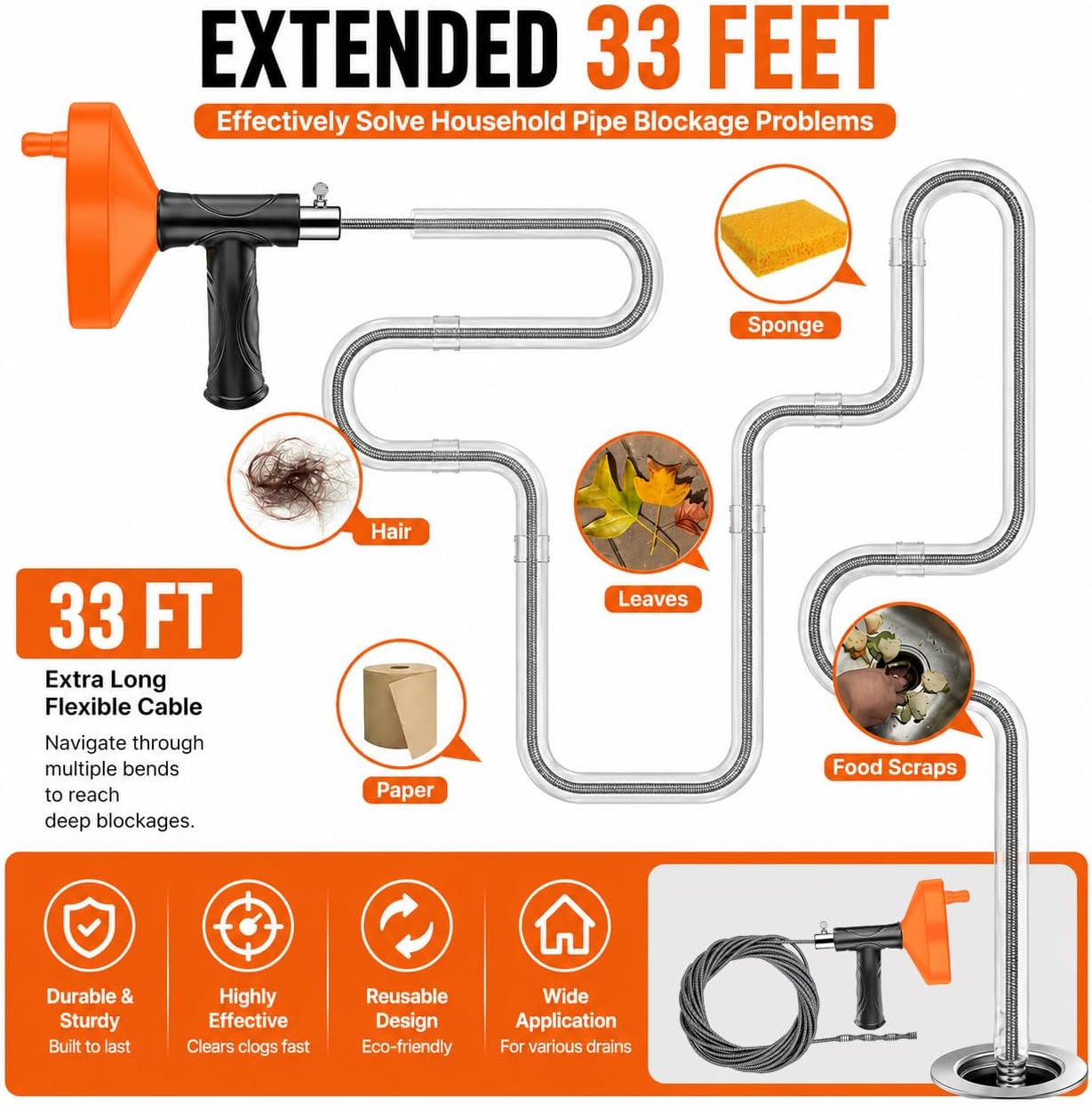 33 Feet Drain Snake Auger, Plumbing Snake Drain Hair Clog Removal Tool, Sink Unclogger Drain, Heavy Duty Drum Auger