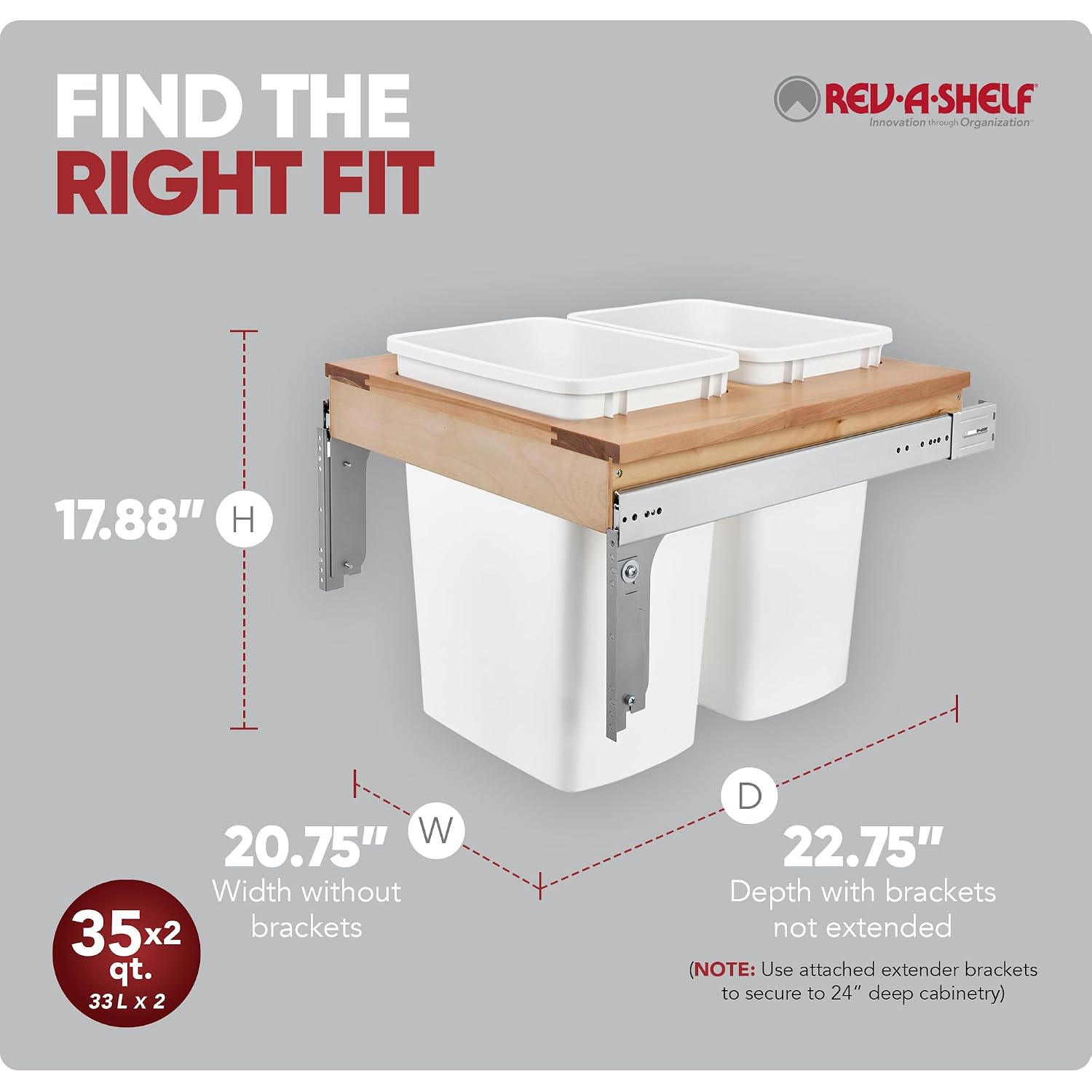Rev-A-Shelf 35 Qt Top Mount Double Pullout Under Cabinet Kitchen Trash Cans for Base Cabinets, 150 Pound Rated Full-Extension Slides, Min Opening Width of 14.75", White, 4WCTM-18DM2-162
