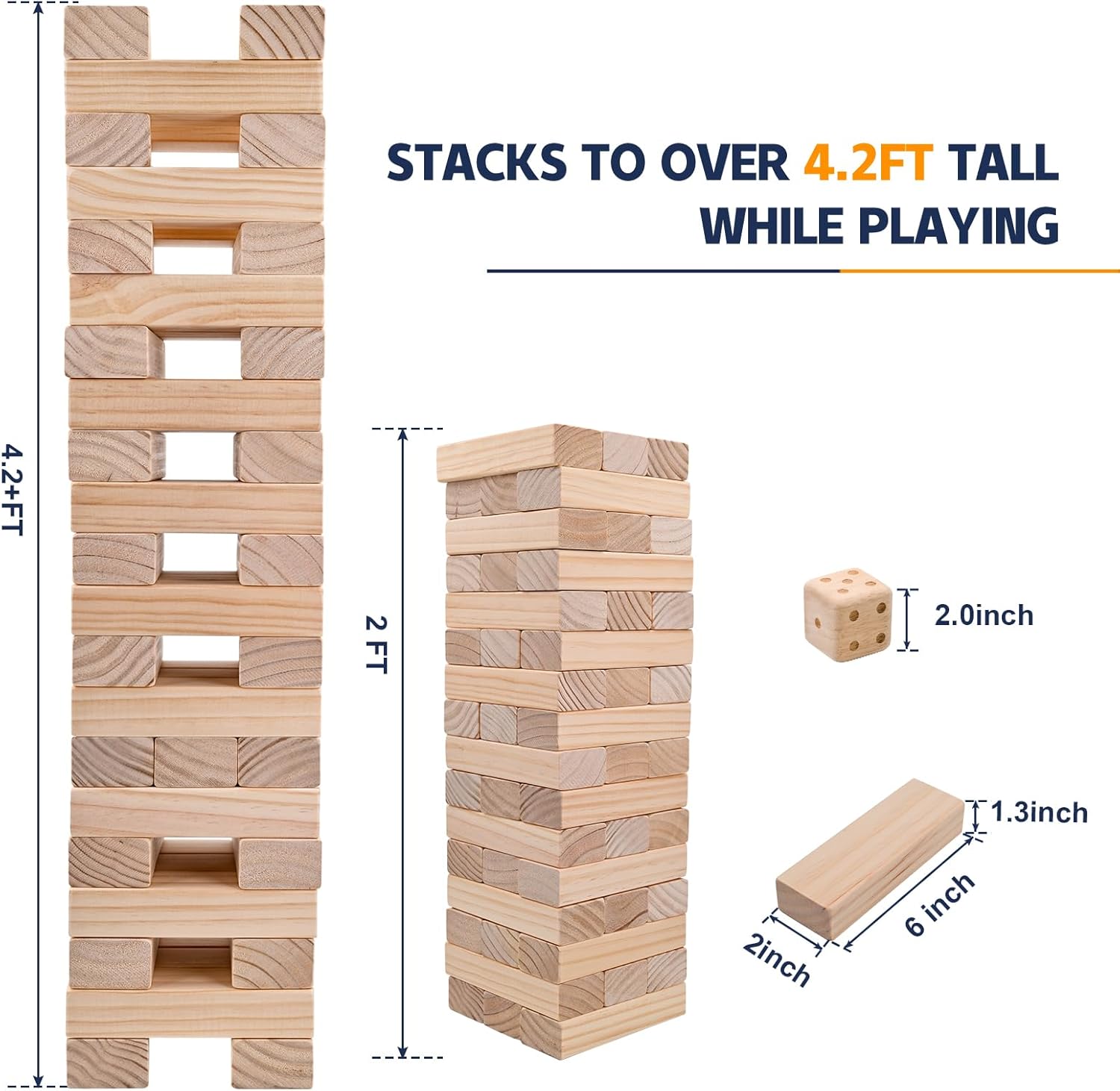 Megwoz Giant Tumble Tower Games for Kids and Adults 57 Blocks New Zealand Pine Wooden Blocks Stacking to Over 4.2FT Family Game for Indoors Outdoors