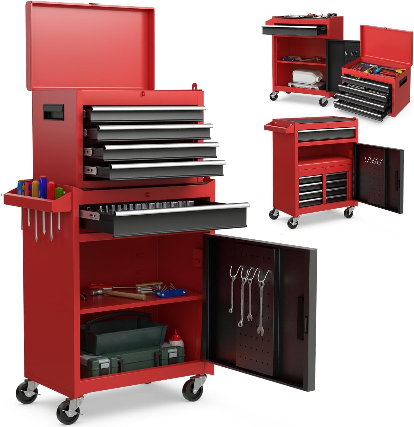 Goplus Rolling Tool Chest, 5-Drawer Tool Box Organizer w/Lockable Wheels & Sliding Drawers & Detachable Top & Adjustable Shelf, Tool Storage Cabinet for Garage Workshop (Red)