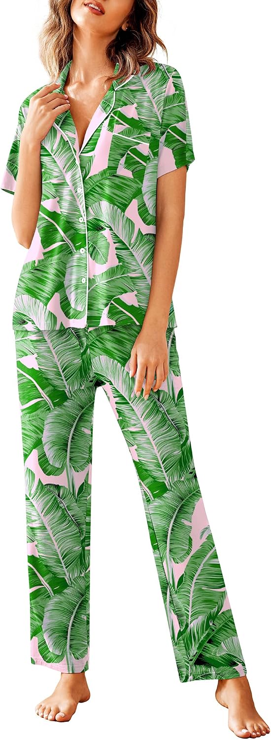 Avidlove Women Pajamas Set Notch Collar Soft Sleepwear Pjs Short Sleeve Button Down Nightwear with Long Pants
