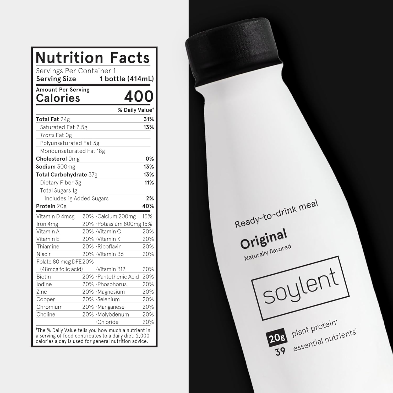 Soylent Creamy Chocolate Meal Replacement Shake, Ready-to-Drink Plant Based Protein Drink, Contains 20g Complete Vegan Protein and 1g Sugar, 14oz