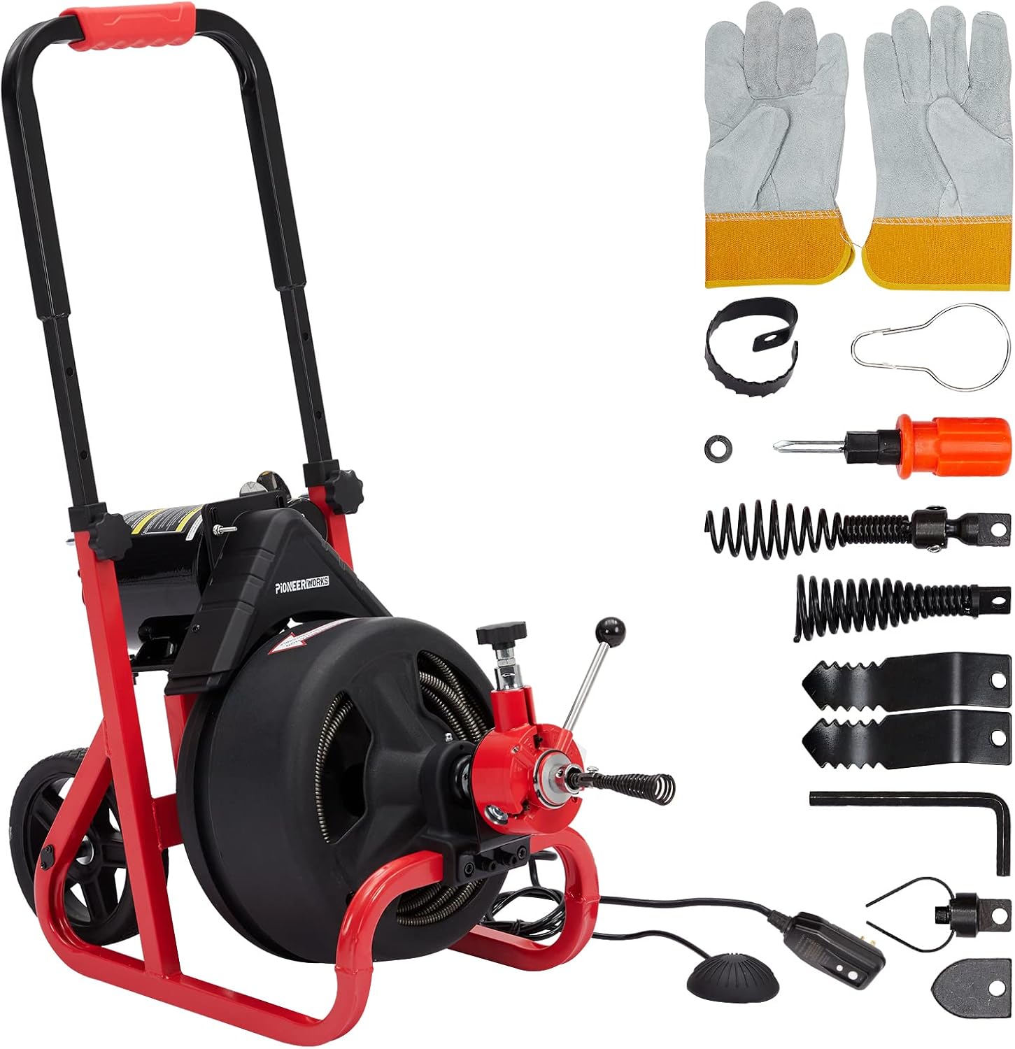 PIONEERWORKS 75Ft x 1/2 Inch Drain Cleaner Machine, Auto-feed Electric Drain Auger Professional for 2 to 4 Inch Pipes, with 6 Cutters, Glove