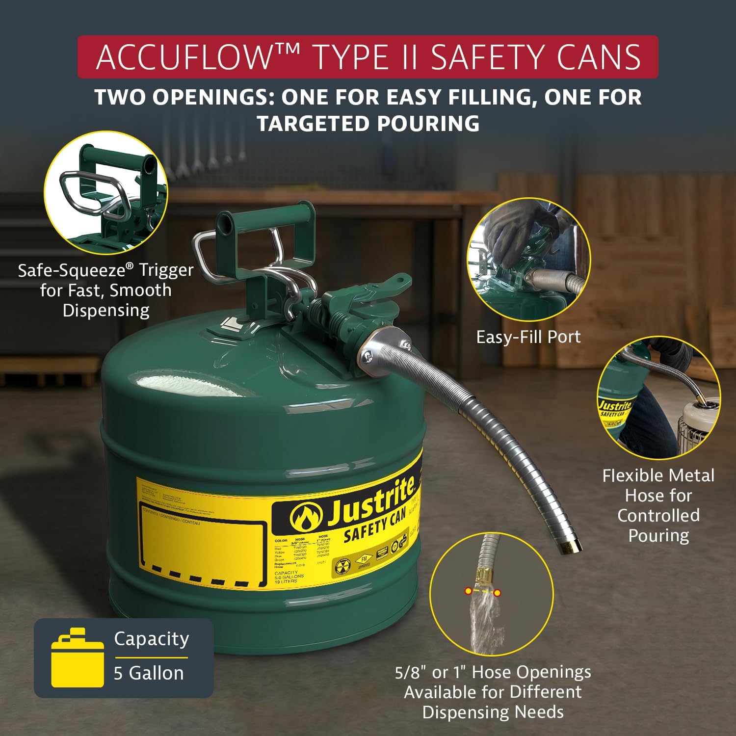 Justrite Type II Green Safety Can for Oil, Galvanized Steel, FM Approved