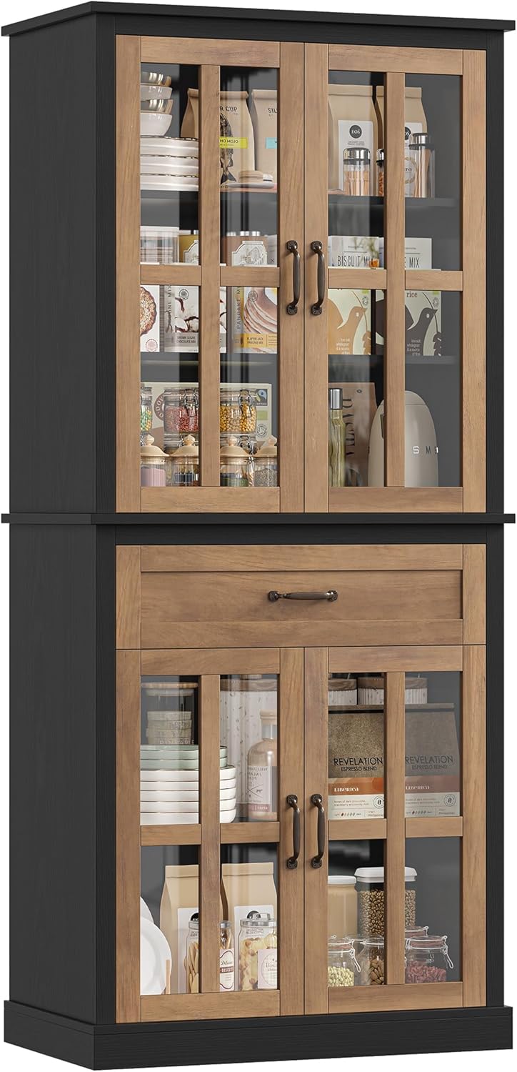 FOTOSOK 71'' Tall Kitchen Cabinet with Glass Doors and Drawer | Freestanding Food Pantry with Adjustable Shelves for Dining, Living Room, Natural