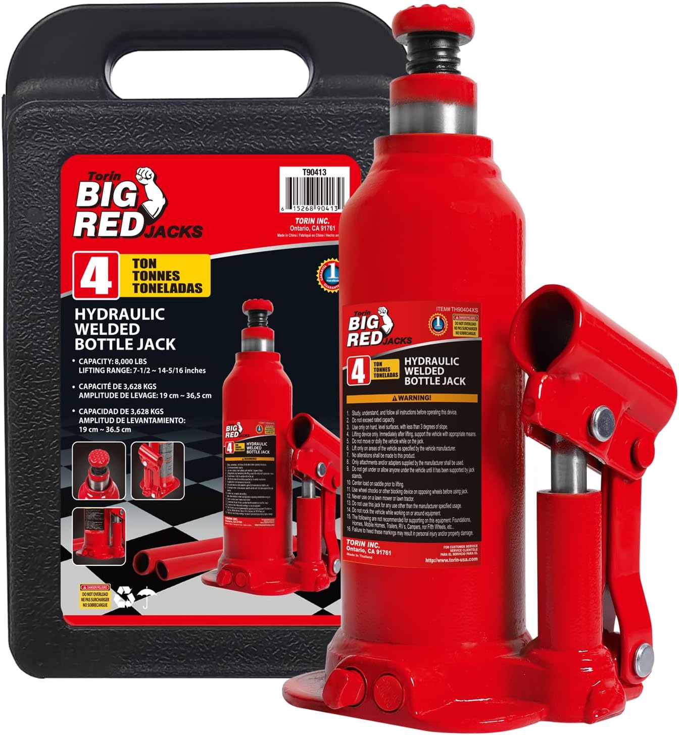 Torin T90413 Big Red Hydraulic Bottle Jack with Carrying Case, 4 Ton (8,000 lb) Capacity
