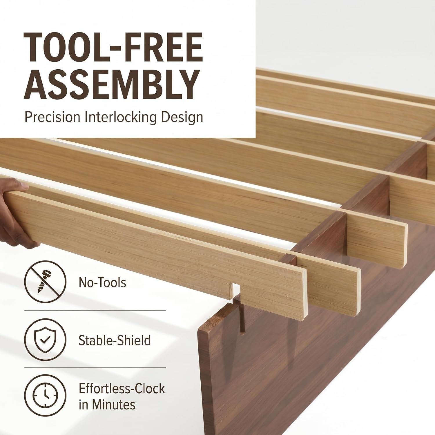 Brafab Tooless Queen Bed Frame, Wooden Japanese Joinery Platform Bed Frame | Wood Slat Support, Assembly in 10 Min, 8" Underbed Storage, No Box Spring Needed, Noise Free, Kid-Friendly Design, Natural