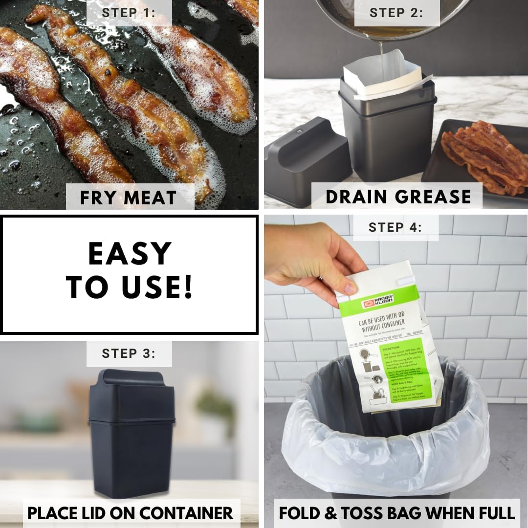 Fat Trapper System/Grease Storage Container with TWELVE Disposable Grease Bags for Bacon Grease and Kitchen Cooking Oil Disposal