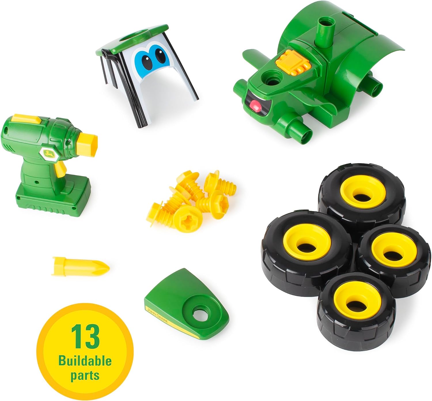 BUILD-A-BUDDY John Deere Tractor Toy and Toy Drill - Toddler STEM Take Apart Toys with 16 Individual Pieces and Kids Tools - Kids Building Toys Ages 3 Years and Up