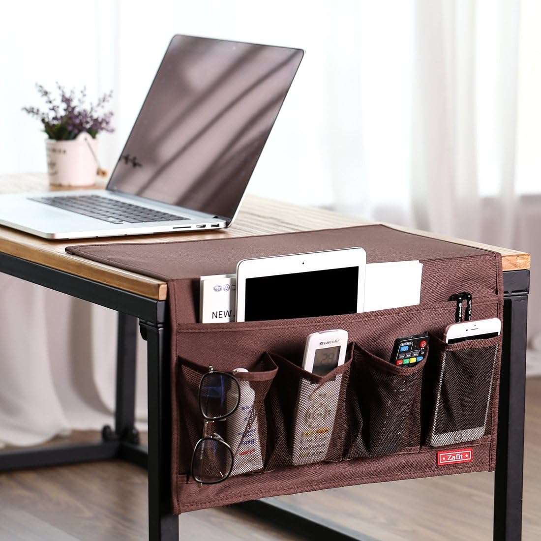 Zafit Bedside Storage Organizer, Table Cabinet Bedside Organizer Caddy for Remotes Phone Glasses (Classic 4 Pockets-Grey)