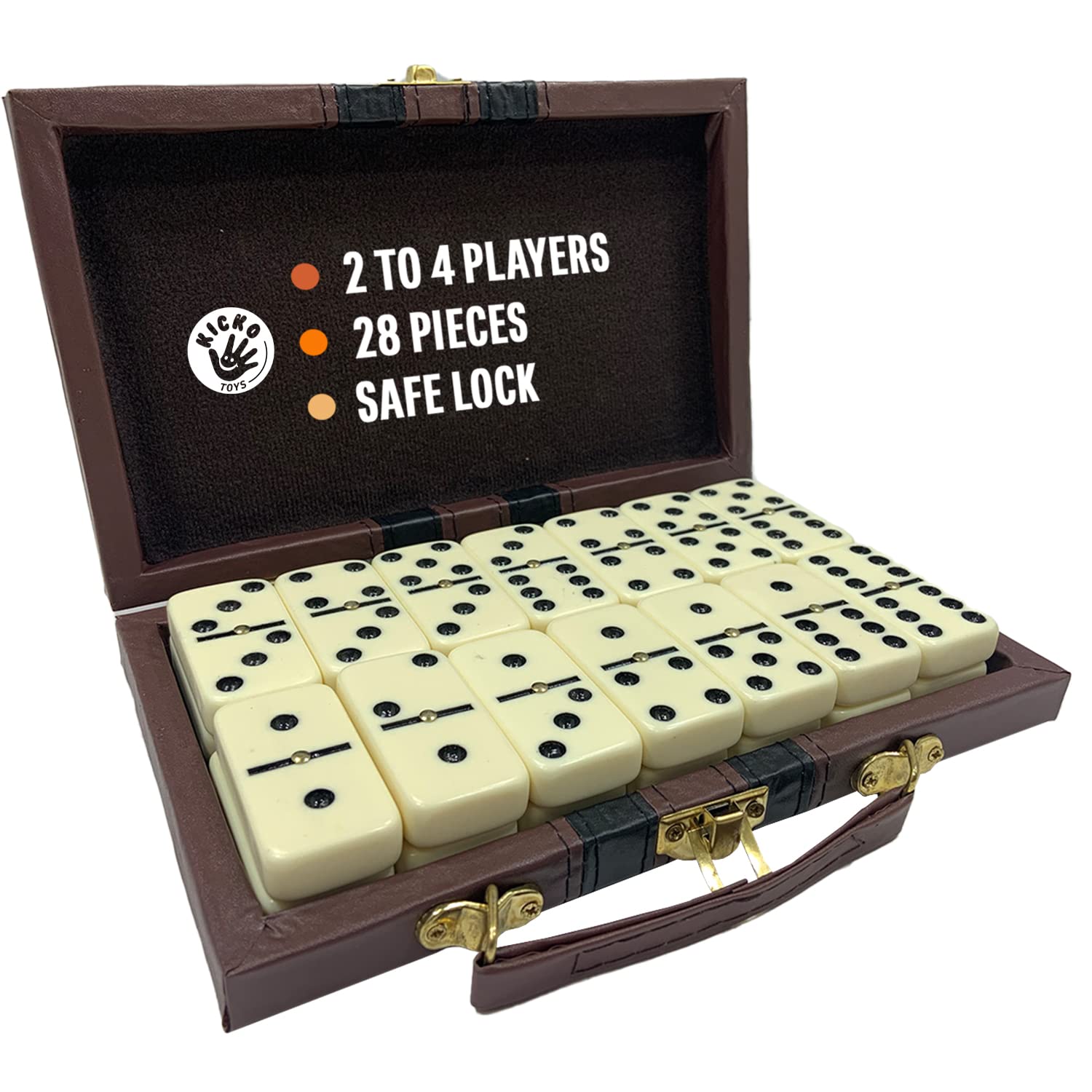 Kicko Domino Set - 28 Pieces Double Six Classic Dominoes in Durable Wooden Brown Box - Fun Mini Board Game for 2-4 Players - Ideal for Boys, Girls, Adults - Family Game Night and Vintage Party Games