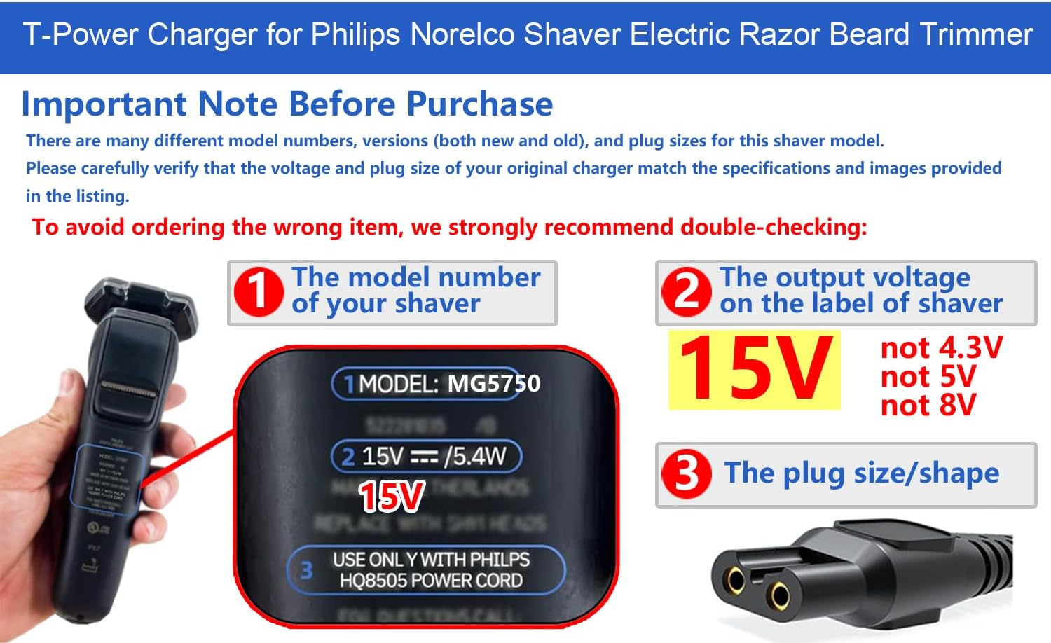 T POWER 15V Charger for Philips One Blade QP2630 QP6510 QP6520 Norelco QG3200 QG3320 QG3300 Series All-in-One 7900 Philips Shaver QT4070 QG3380