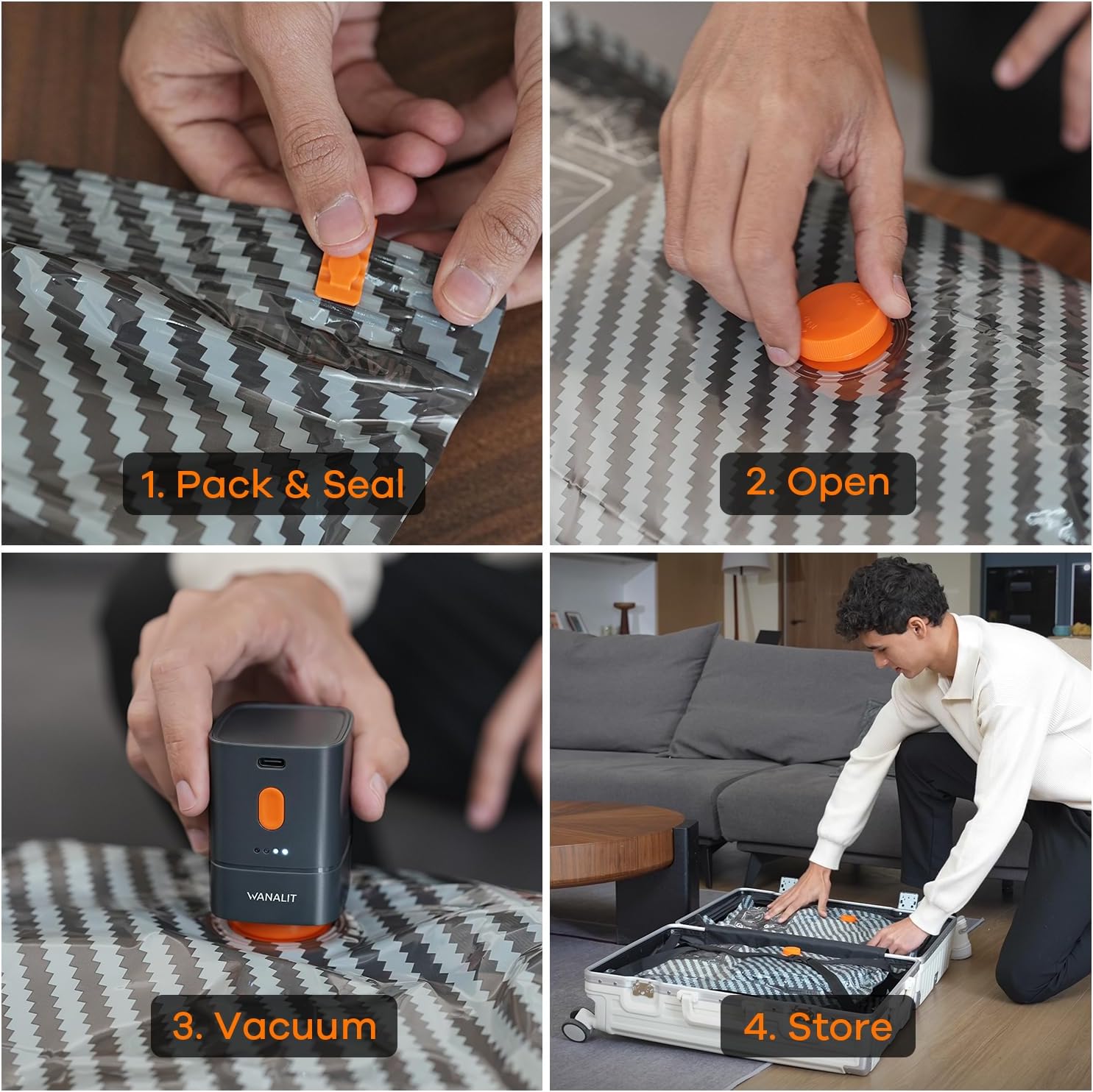 Vacuum Bags for Travel with Wireless Pump for Carry on Luggage or Suitcase | 16Pack in 4 Sizes Compression Packing Bags, 1800mAh Rechargeable Battery, Travel Essentials, Cruise and Home Storage