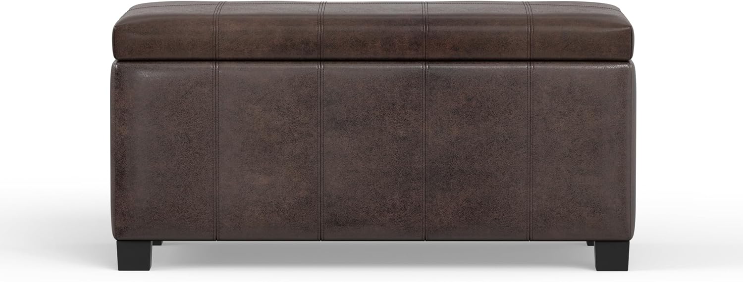 SIMPLIHOME Dover 36" Wide Vegan Leather Storage Ottoman in Midnight Black | Distressed umber brown, contemporary ottoman with lift-top and safety hinges; rectangle storage bench for living room.