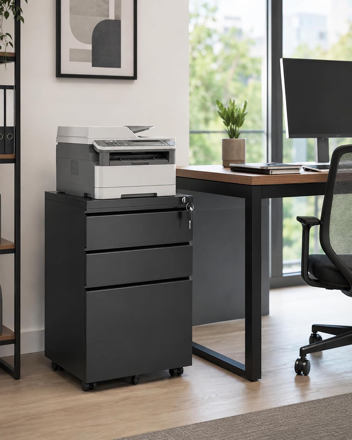 3 Drawer Mobile File Cabinet with Lock, Under Desk Metal Filing Cabinet for Letter/Legal/A4 Size, Fully Assembled Except Casters, Rolling Office Organizer for Home Office, Black
