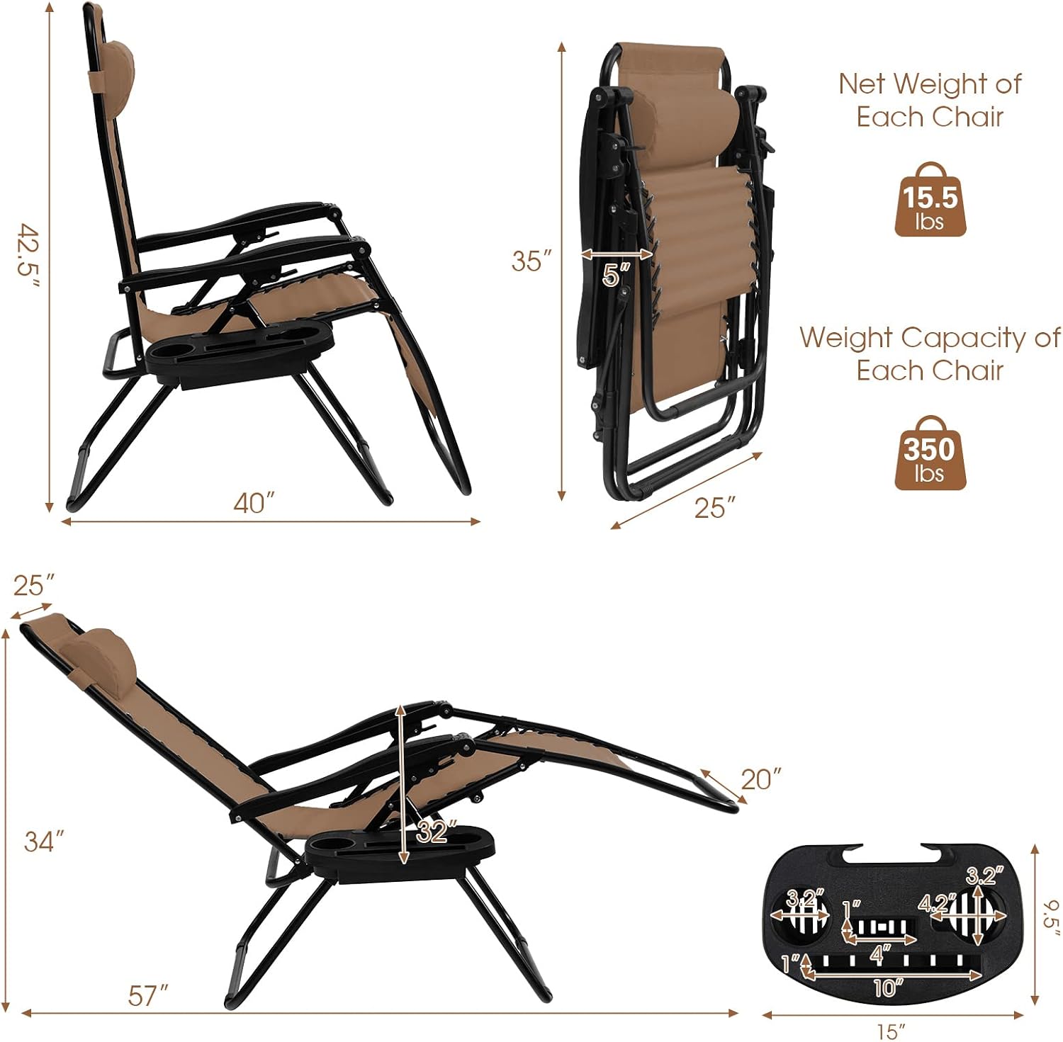 Goplus Zero Gravity Lounge Chairs, 160°Adjustable Folding Recliner w/Pillow and Cup Holder, 350LBS Comfy Outdoor Lounge Chairs for Patio, Lawn, Yard & Camp(1, Gray)