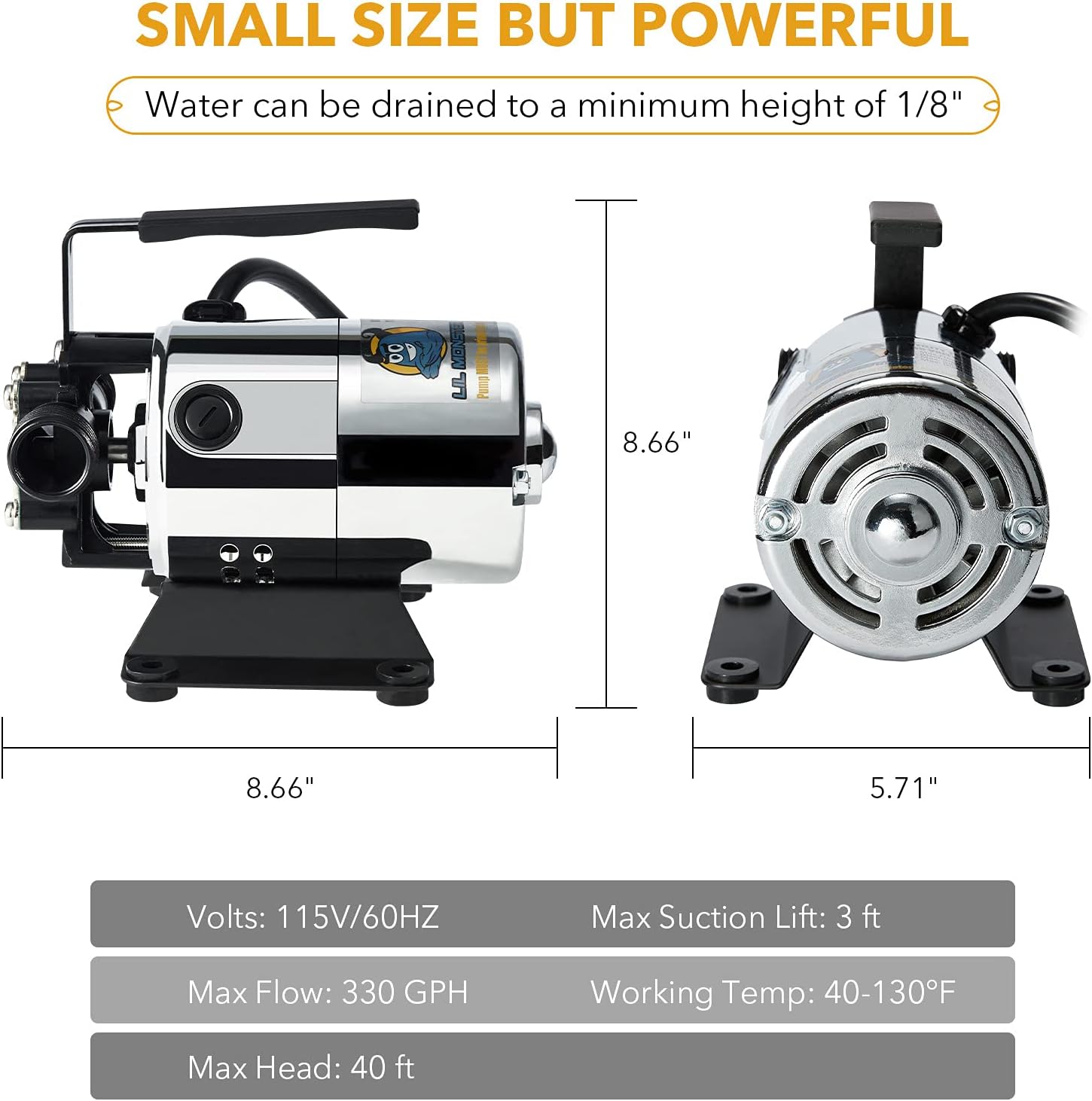 115V 330GPH Self-Priming Transfer Pump, LilMonster Auto Portable Electric Utility Water Pump with Suction Hose Kit,Bright Silver