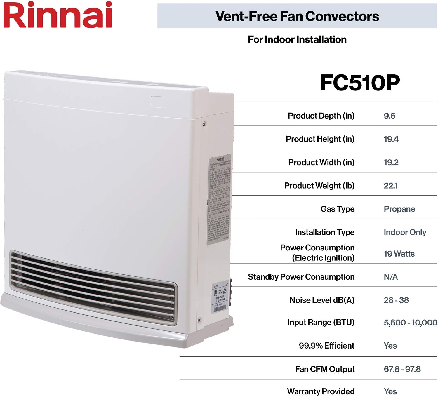 Rinnai FC824P Ventless Propane Heater with Programmable Thermostat | Energy Efficient Space Heater, Wall Mounted, Indoor Use, Easy Installation