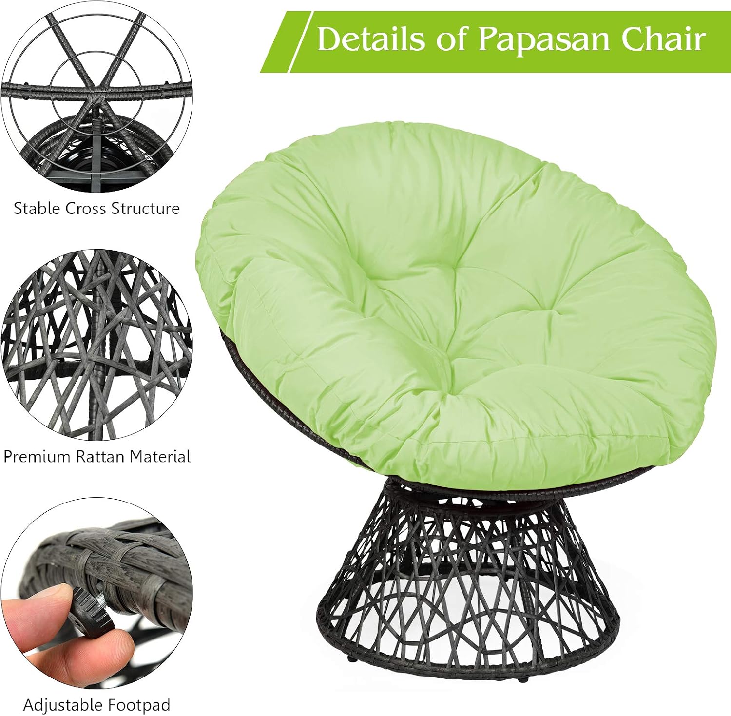 Tangkula Papasan Chair Rattan Ergonomic Chair w/ 360-degree Swivel and Soft Cushion, Solid Structure & Stable Base, Ideal for Garden, Balcony