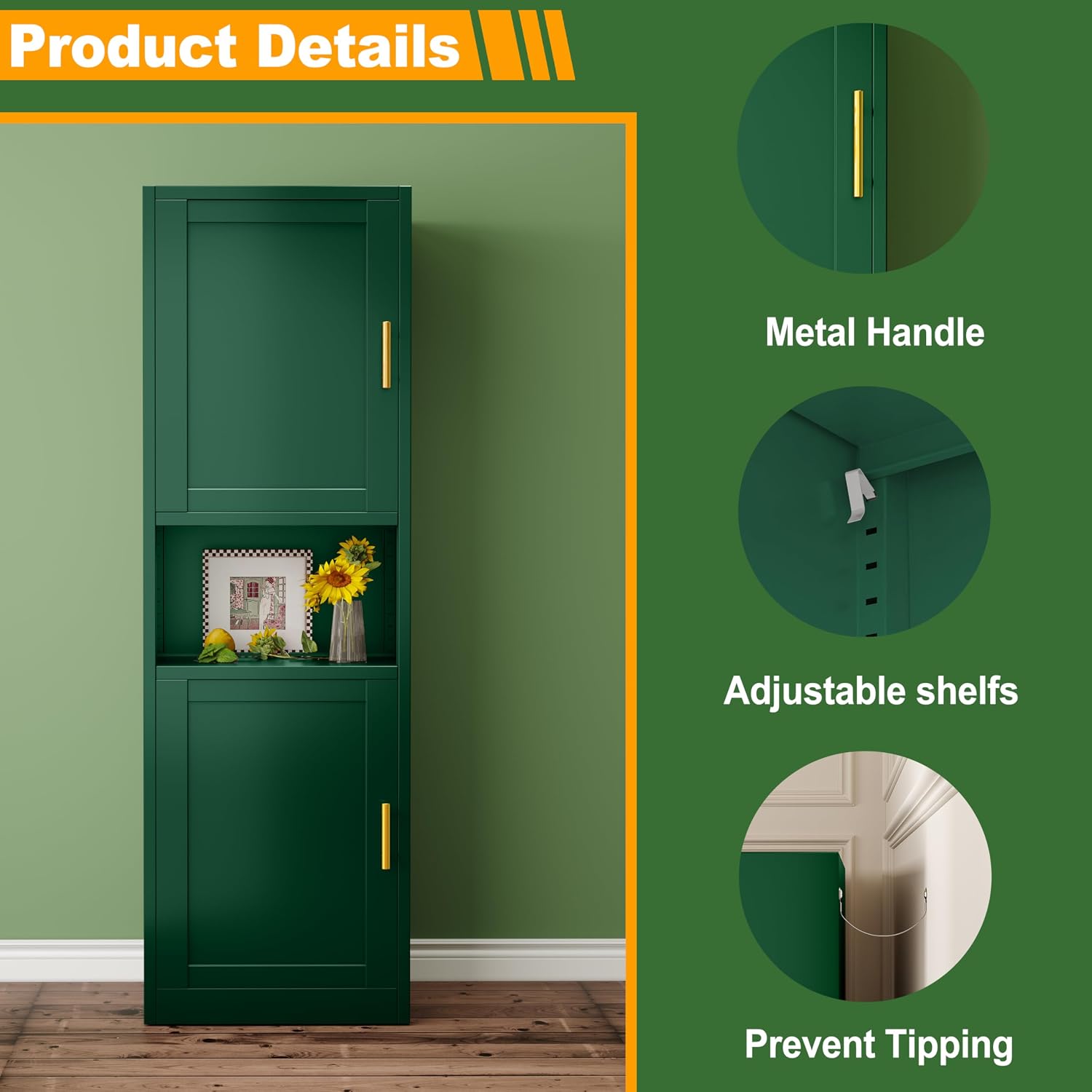 Ckzbx Tall Narrow Storage Cabinet 66.93" H Tall Bathroom Cabinet Metal Pantry Cabinets, 4 Adjustable Shelves for Kitchen, Home Office, Living Room, Dinning Room (20 inches Wide White)