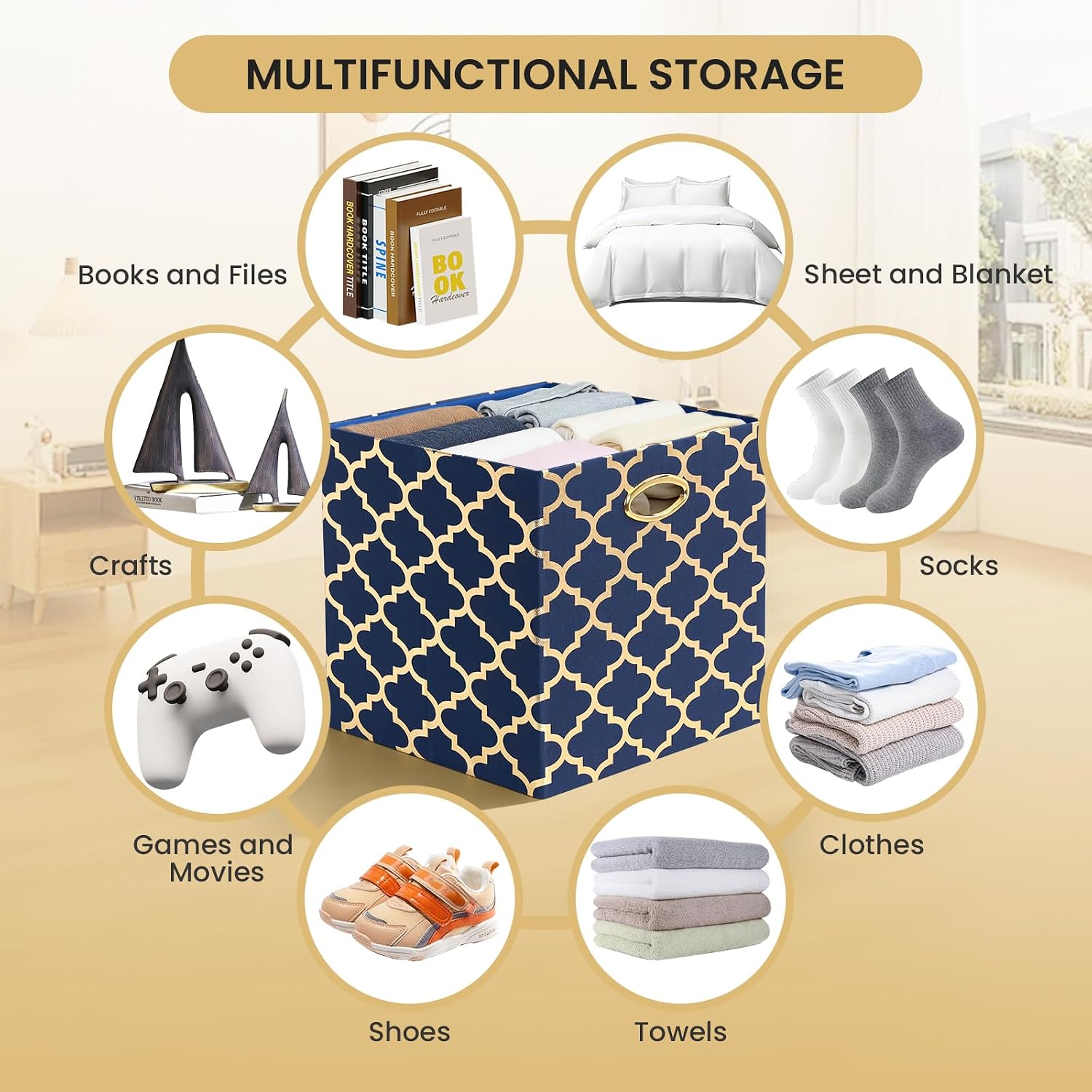 Posprica Storage Bins, Storage Cubes,13×13 Fabric Drawers Organizer Basket Boxes Containers (13×13×13/4pcs, Cream/gold geometry Pattern)