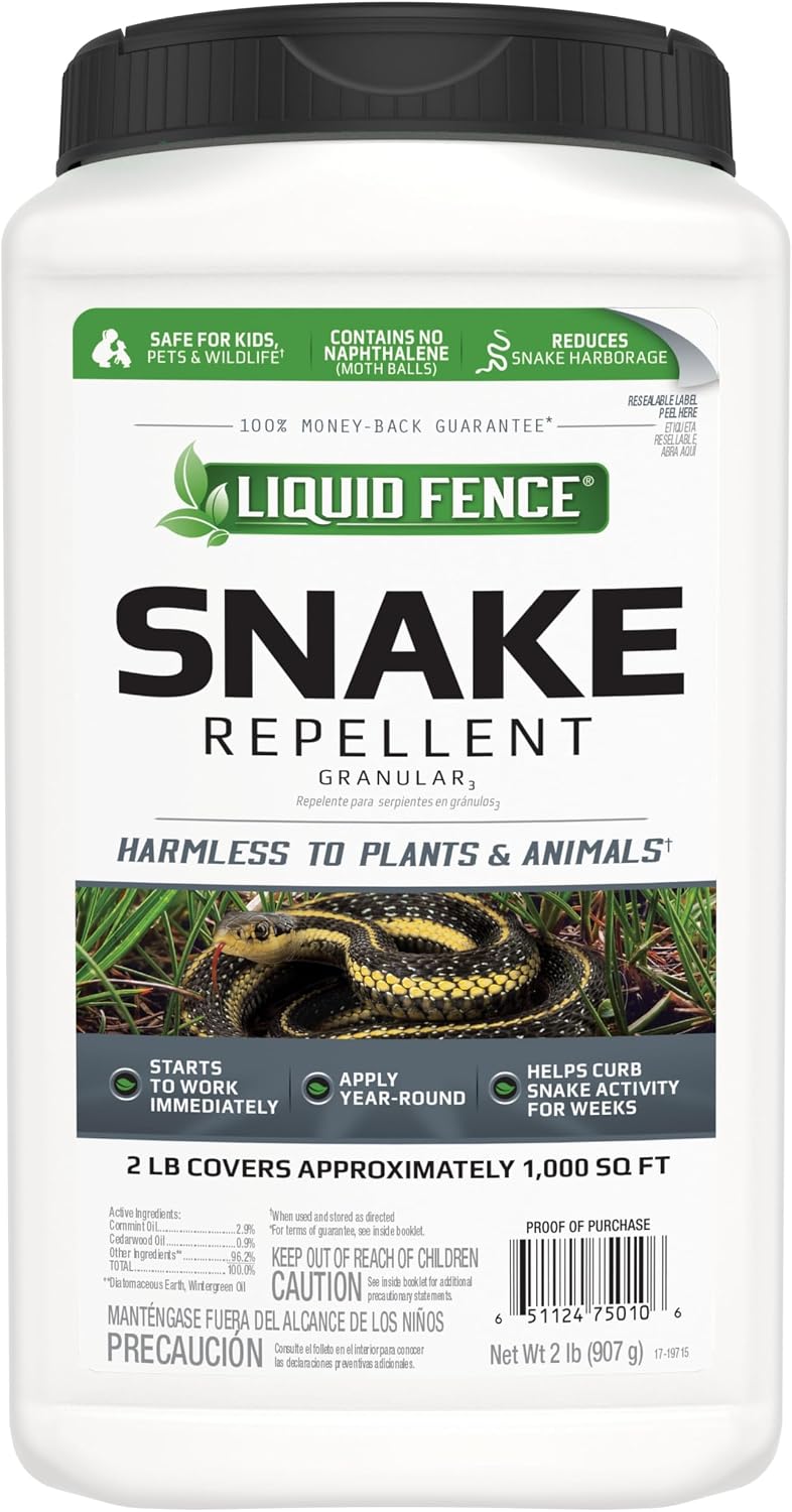 Liquid Fence Snake Repellent Granules, Safe Around Kids and Pets When Used & Stored as Directed, Keep Snakes Out of Garden, Patio and Backyard, 2 lb