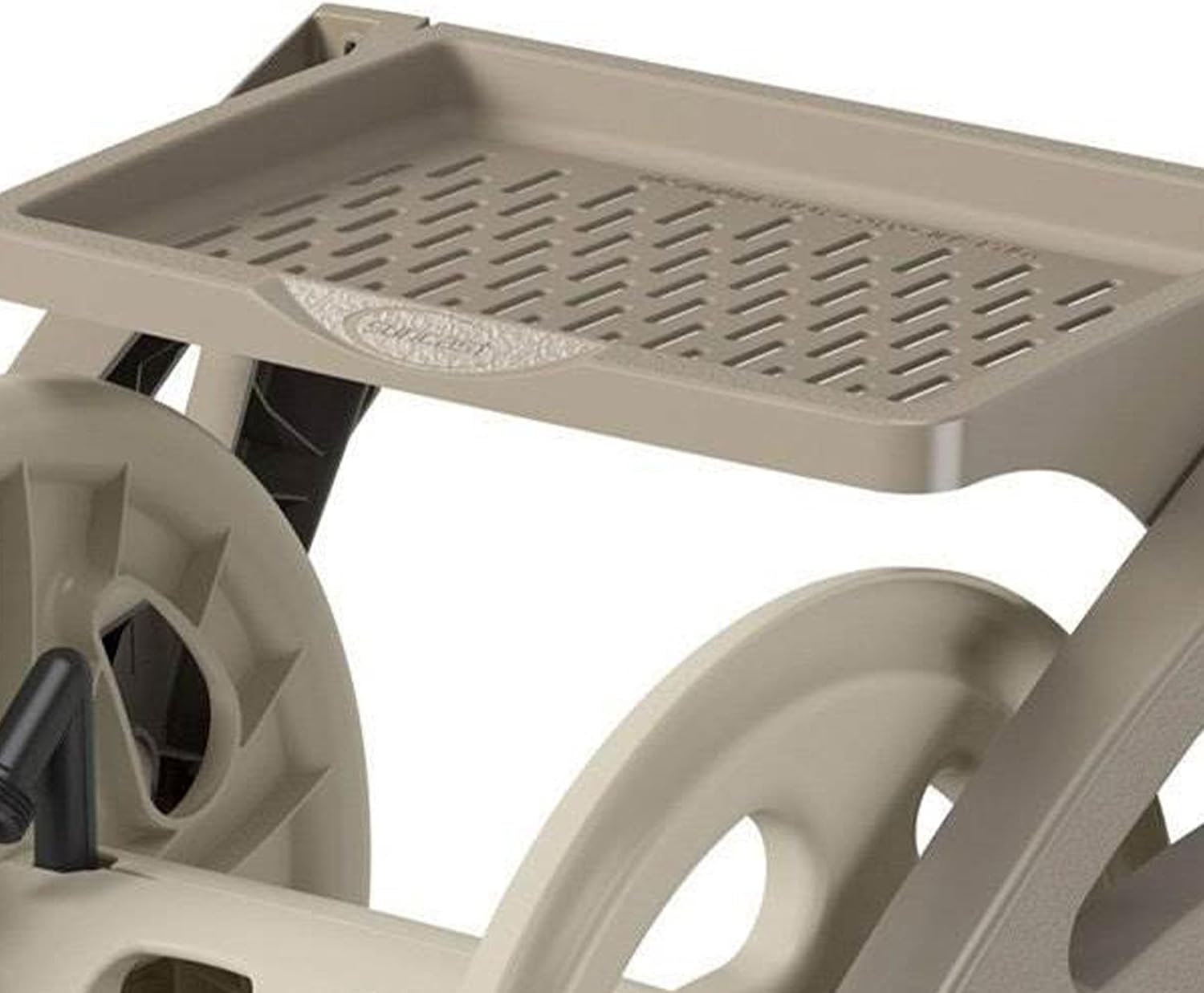 Suncast Handler Durable Hard Plastic Wall Mounted Outdoor Retractable Garden Hose Reel with Storage Tray and 200 Feet Hose Capacity, Taupe