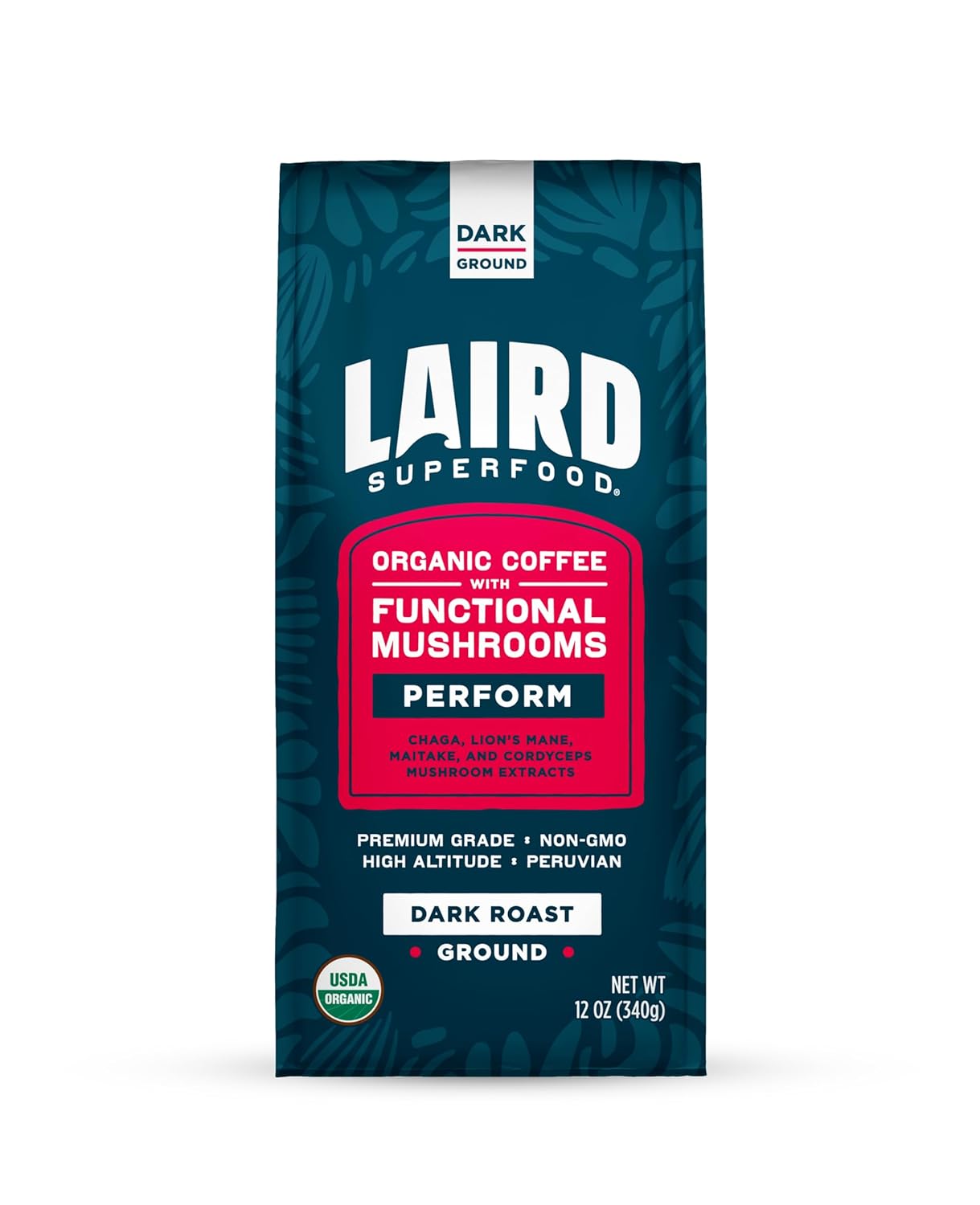 Laird Superfood Peruvian Dark Roast Coffee with Functional Mushrooms, Certified Organic Peruvian Ground Coffee Beans, Gluten-Free, Dairy-Free, Non-GMO